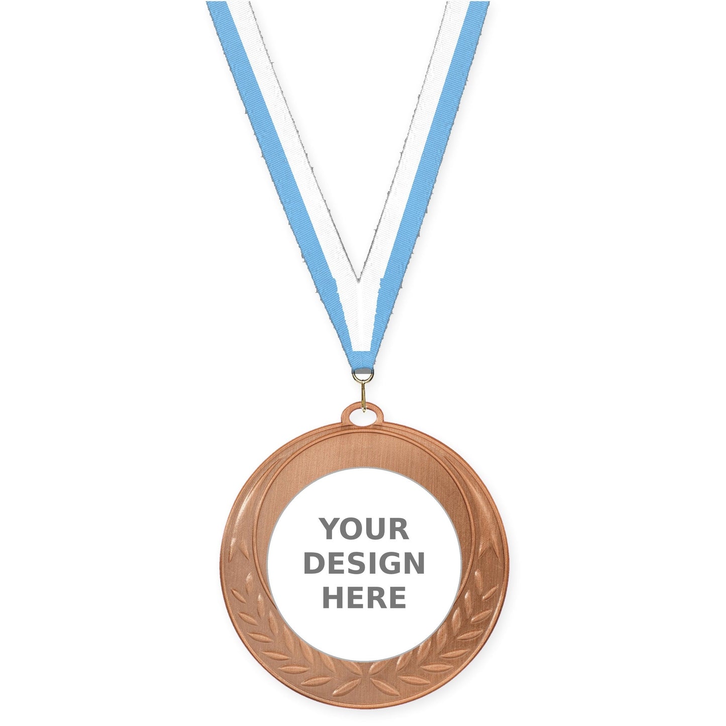 2 3/4 inch Half Laurel insert medal in antique bronze with Light Blue White neck ribbon