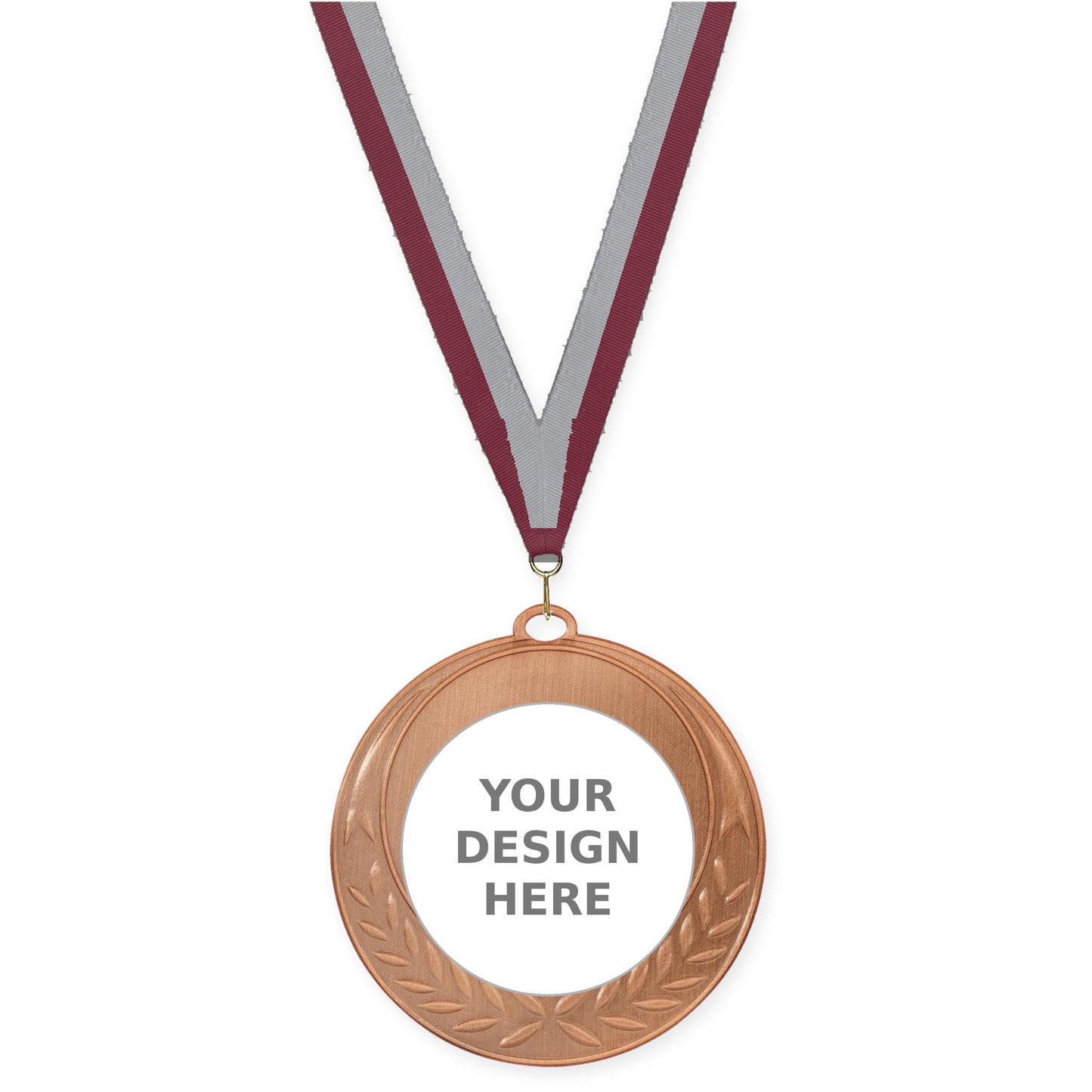 2 3/4 inch Half Laurel insert medal in antique bronze with Maroon Gray neck ribbon