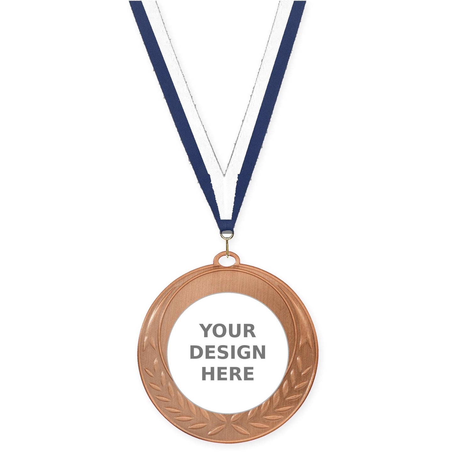 2 3/4 inch Half Laurel insert medal in antique bronze with Navy White neck ribbon