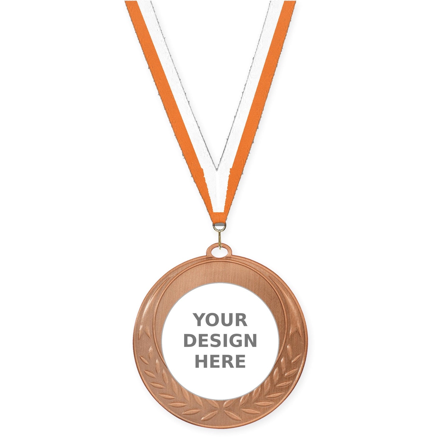 2 3/4 inch Half Laurel insert medal in antique bronze with Orange White neck ribbon