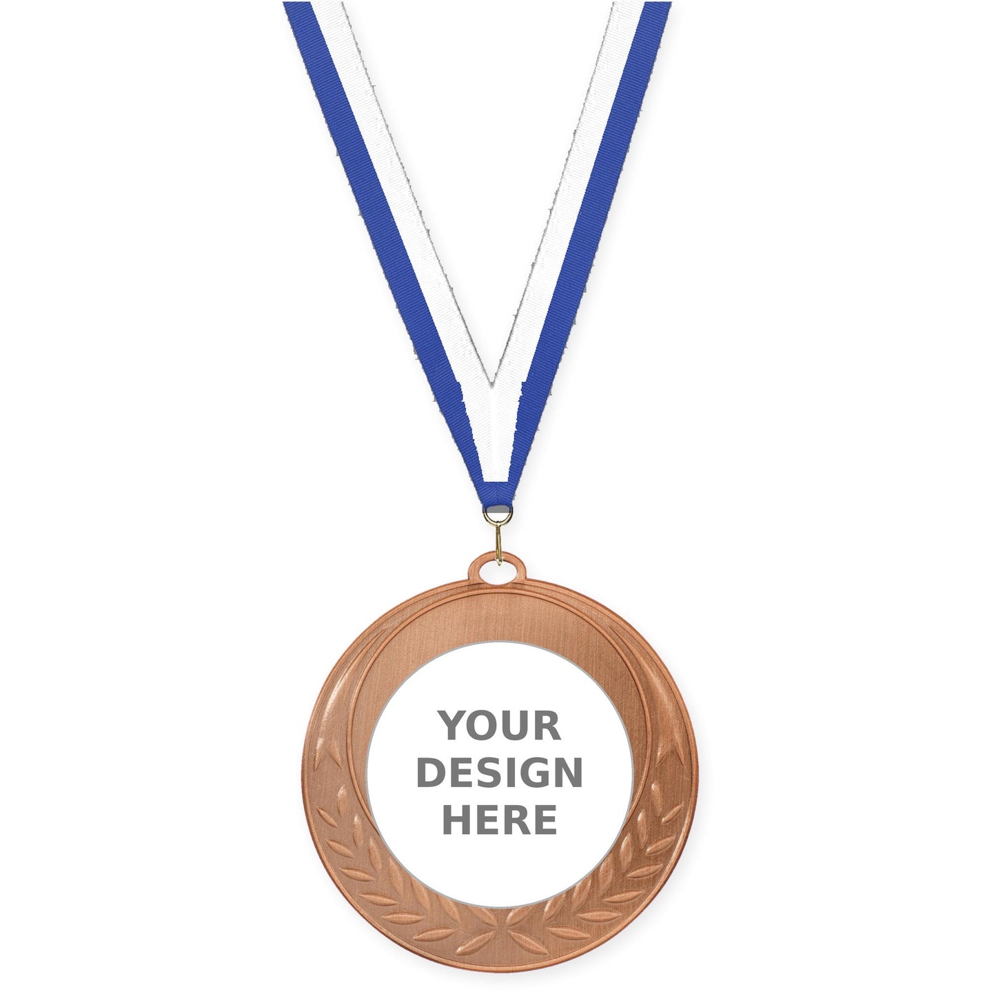 2 3/4 inch Half Laurel insert medal in antique bronze with Blue White neck ribbon