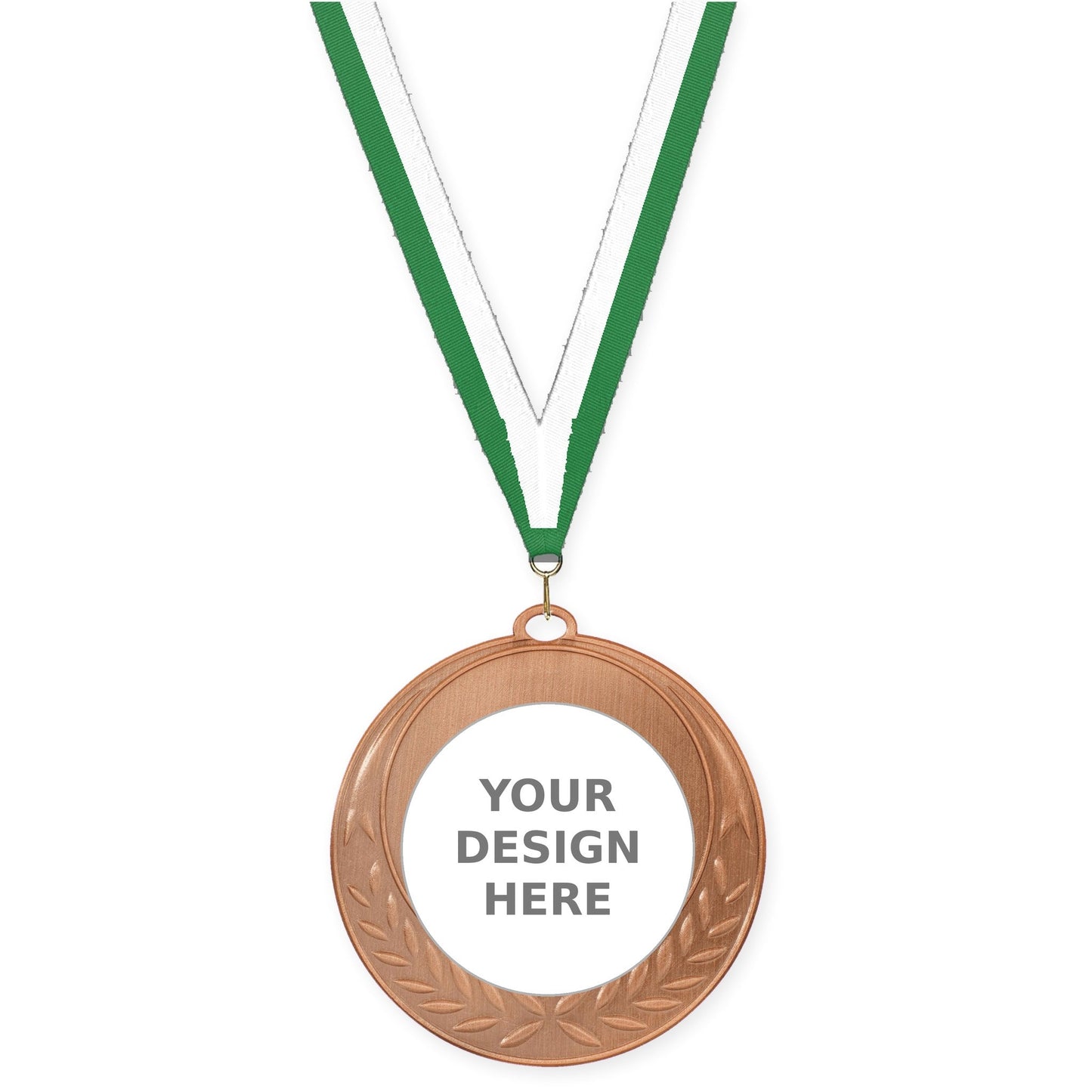 2 3/4 inch Half Laurel insert medal in antique bronze with Green White neck ribbon