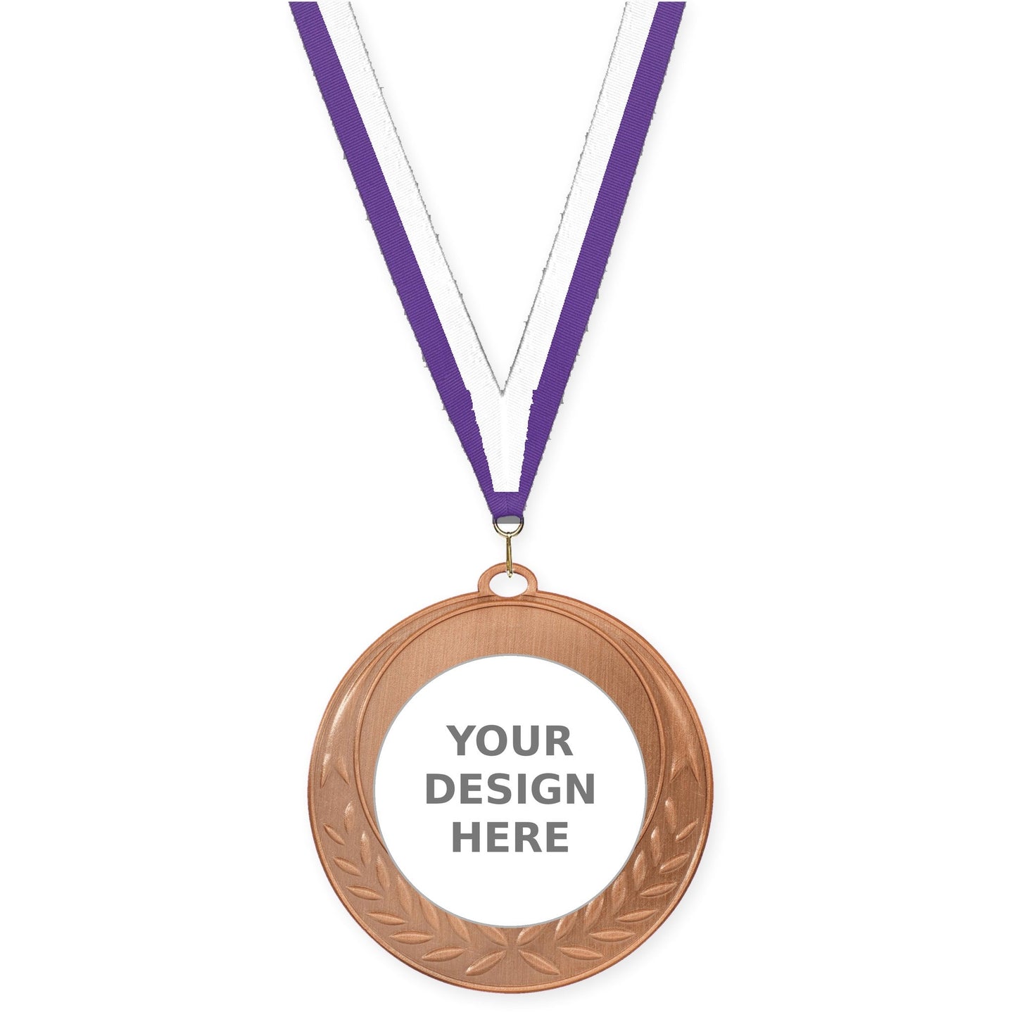 2 3/4 inch Half Laurel insert medal in antique bronze with Purple White neck ribbon