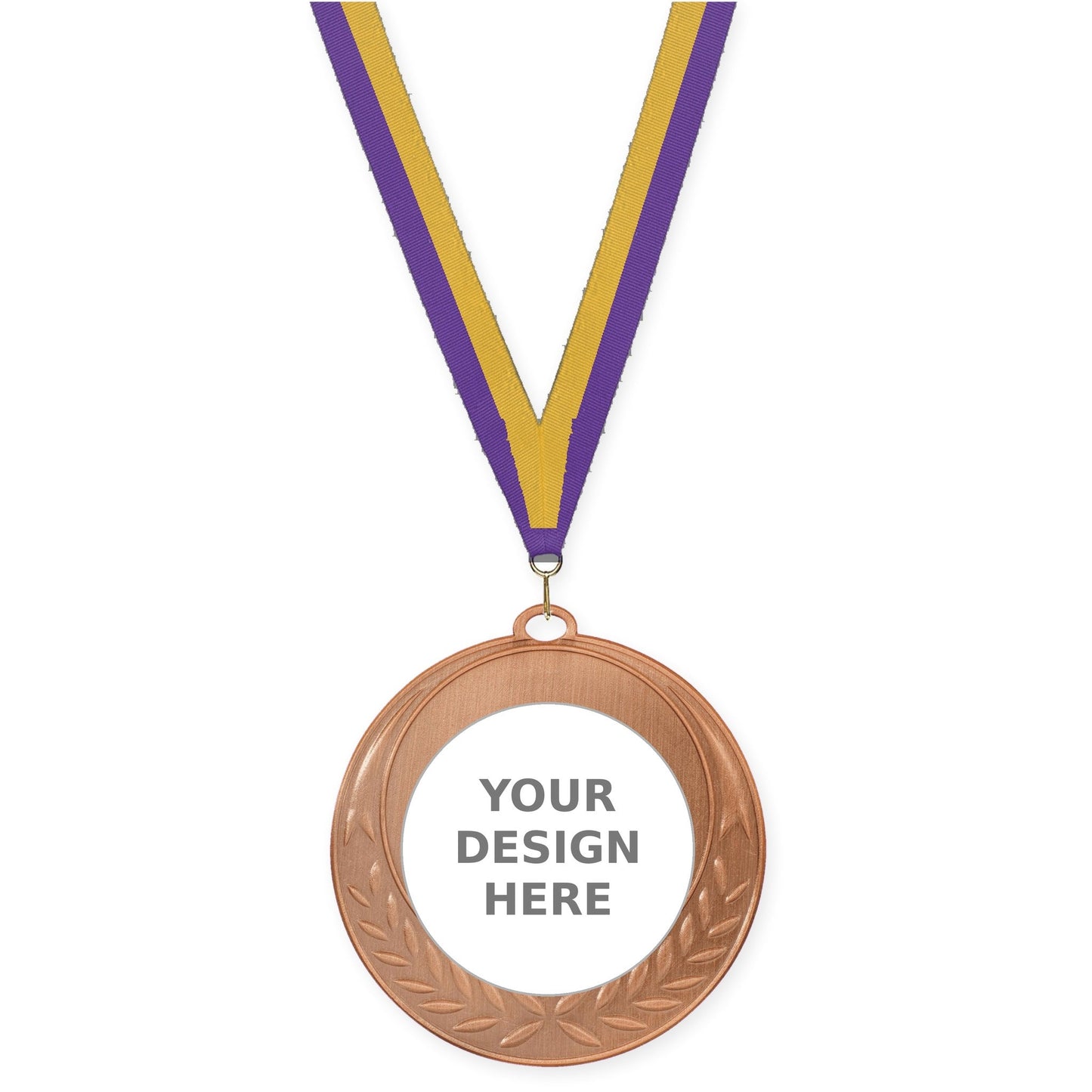 2 3/4 inch Half Laurel insert medal in antique bronze with Purple Gold neck ribbon