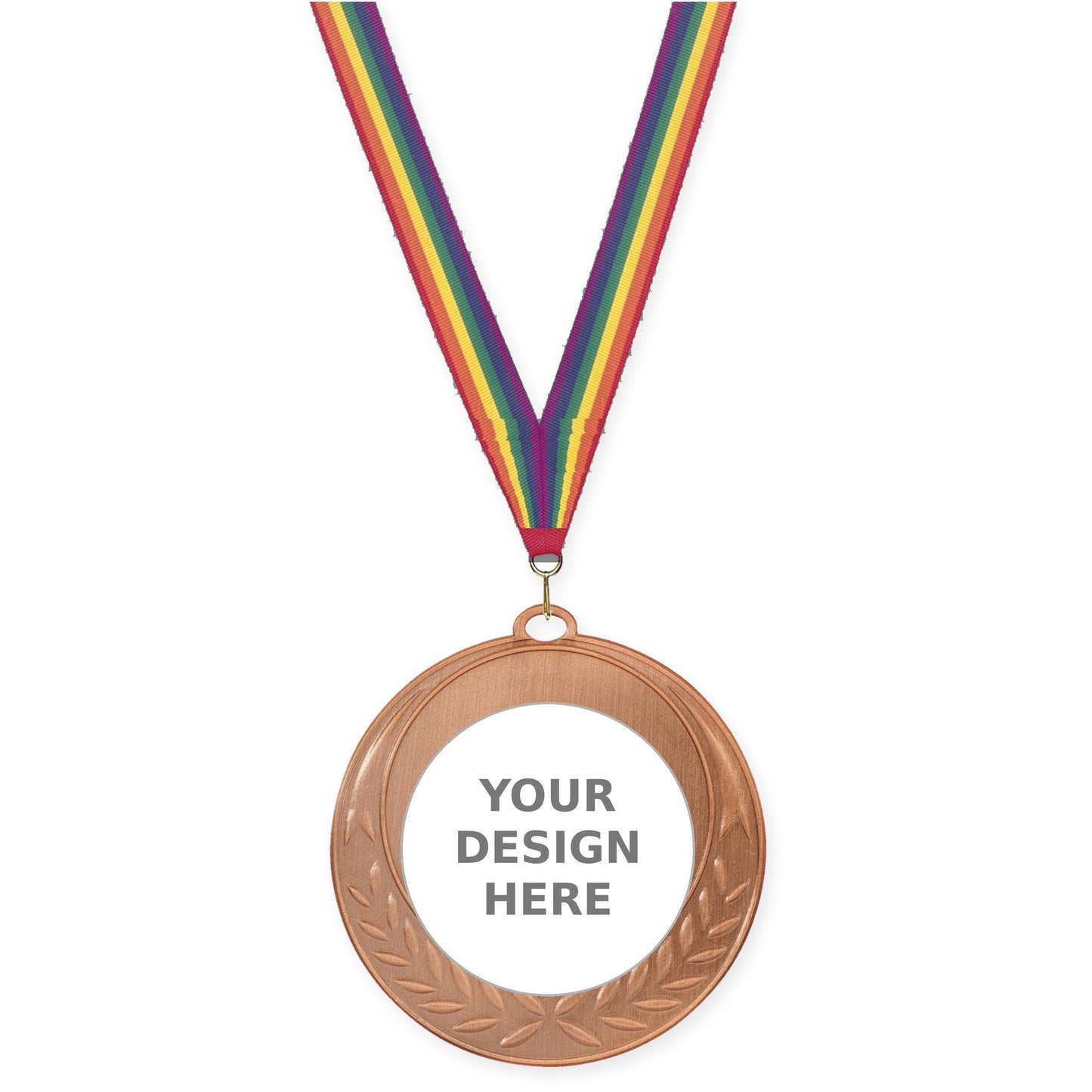2 3/4 inch Half Laurel insert medal in antique bronze with Rainbow neck ribbon