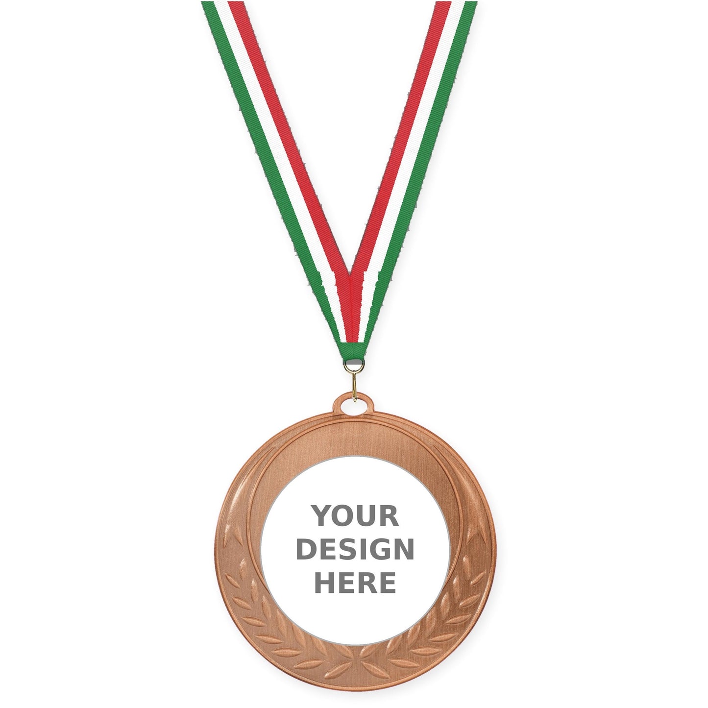 2 3/4 inch Half Laurel insert medal in antique bronze with Green White Red neck ribbon