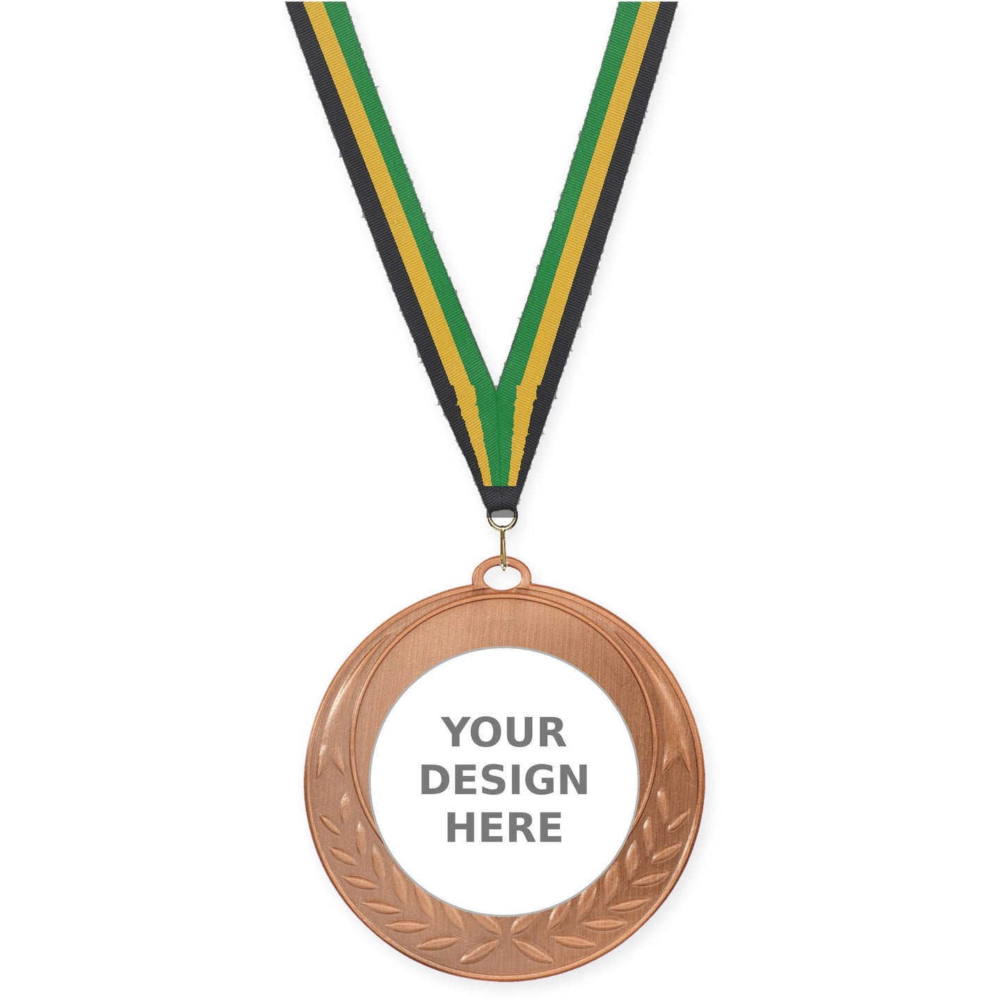 2 3/4 inch Half Laurel insert medal in antique bronze with Black Gold Green neck ribbon