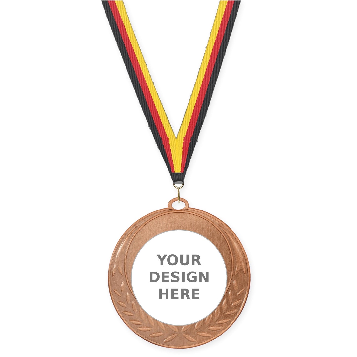 2 3/4 inch Half Laurel insert medal in antique bronze with Black Red Yellow neck ribbon