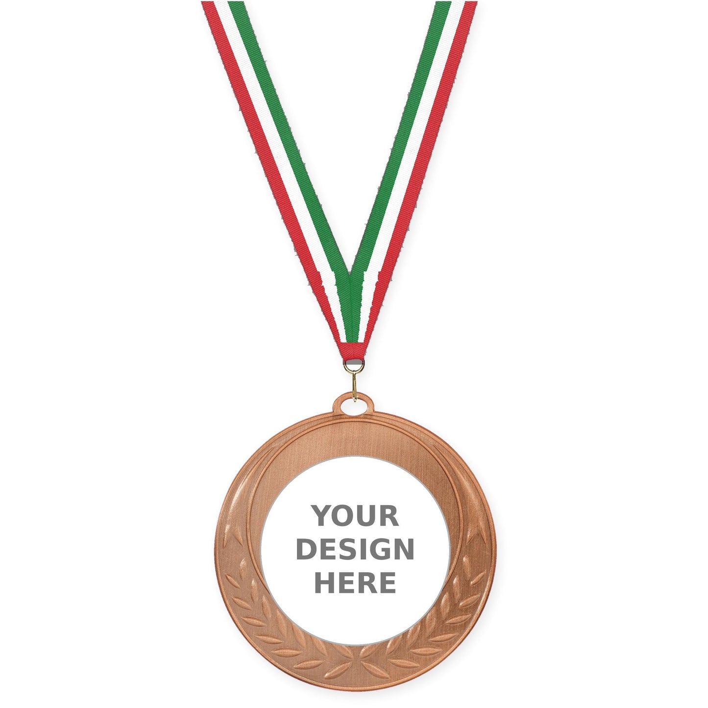 2 3/4 inch Half Laurel insert medal in antique bronze with Red White Green neck ribbon