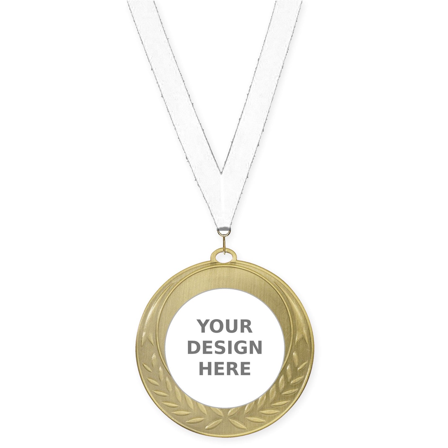 2 3/4 inch Half Laurel insert medal in antique gold with White neck ribbon