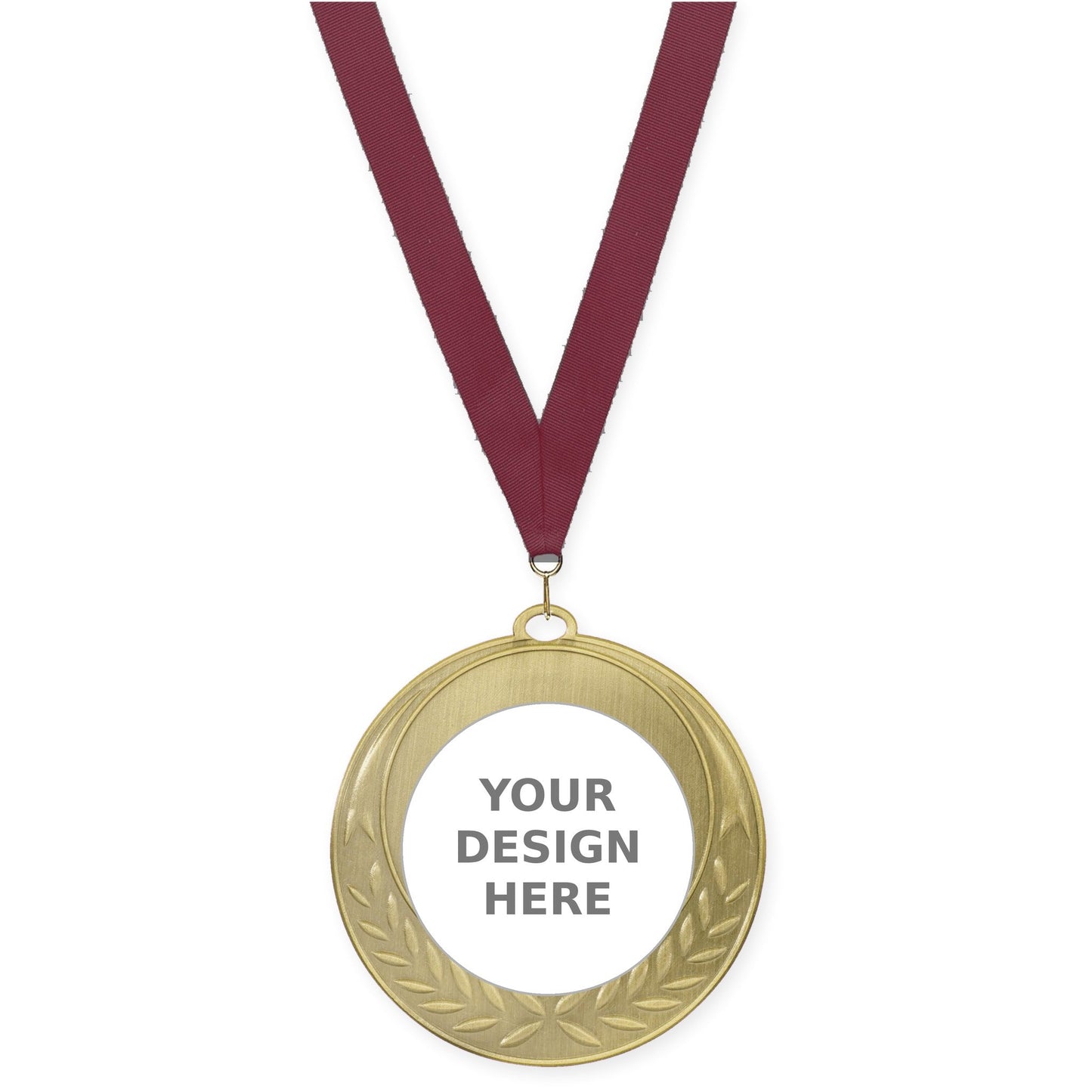 2 3/4 inch Half Laurel insert medal in antique gold with Maroon neck ribbon