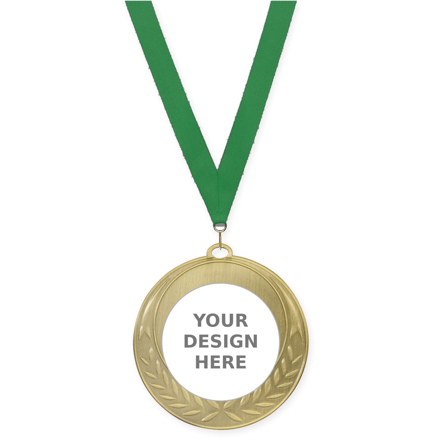 2 3/4 inch Half Laurel insert medal in antique gold with Green neck ribbon