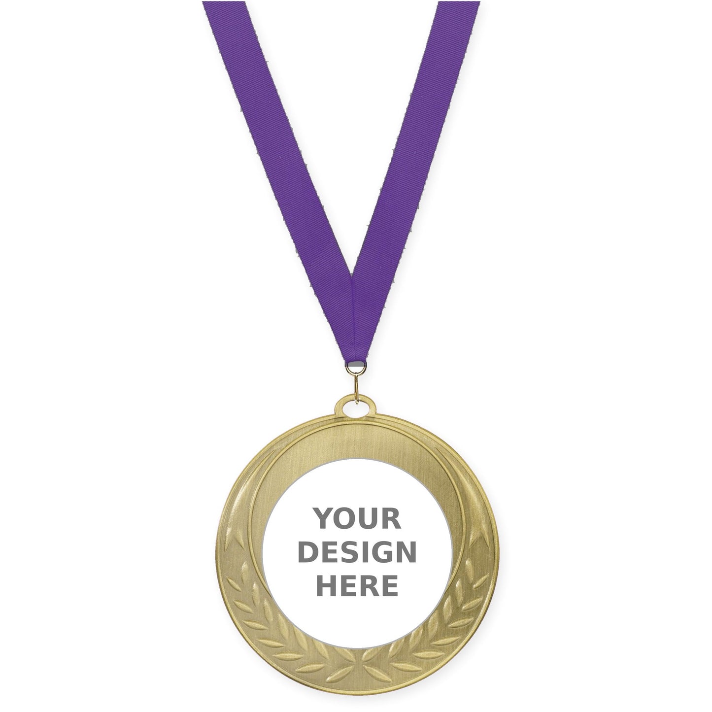 2 3/4 inch Half Laurel insert medal in antique gold with Purple neck ribbon