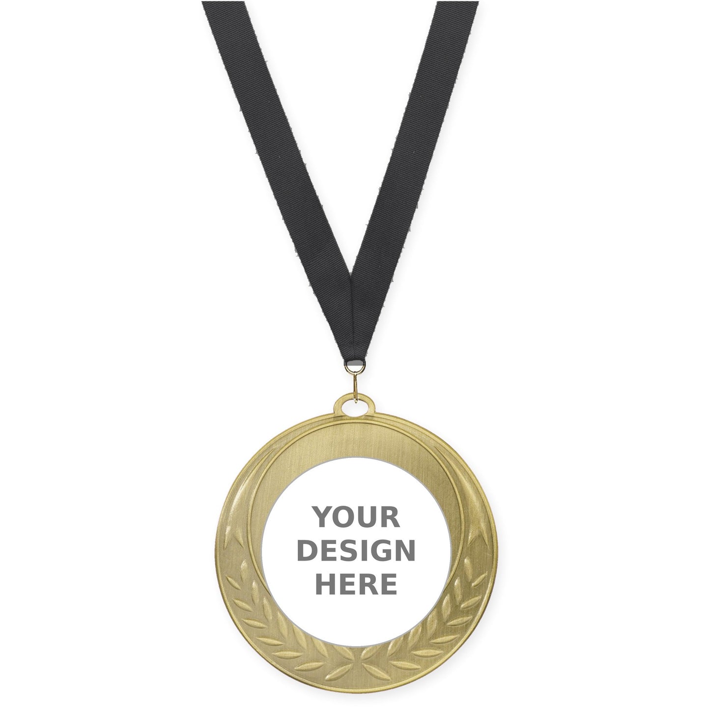 2 3/4 inch Half Laurel insert medal in antique gold with Black neck ribbon