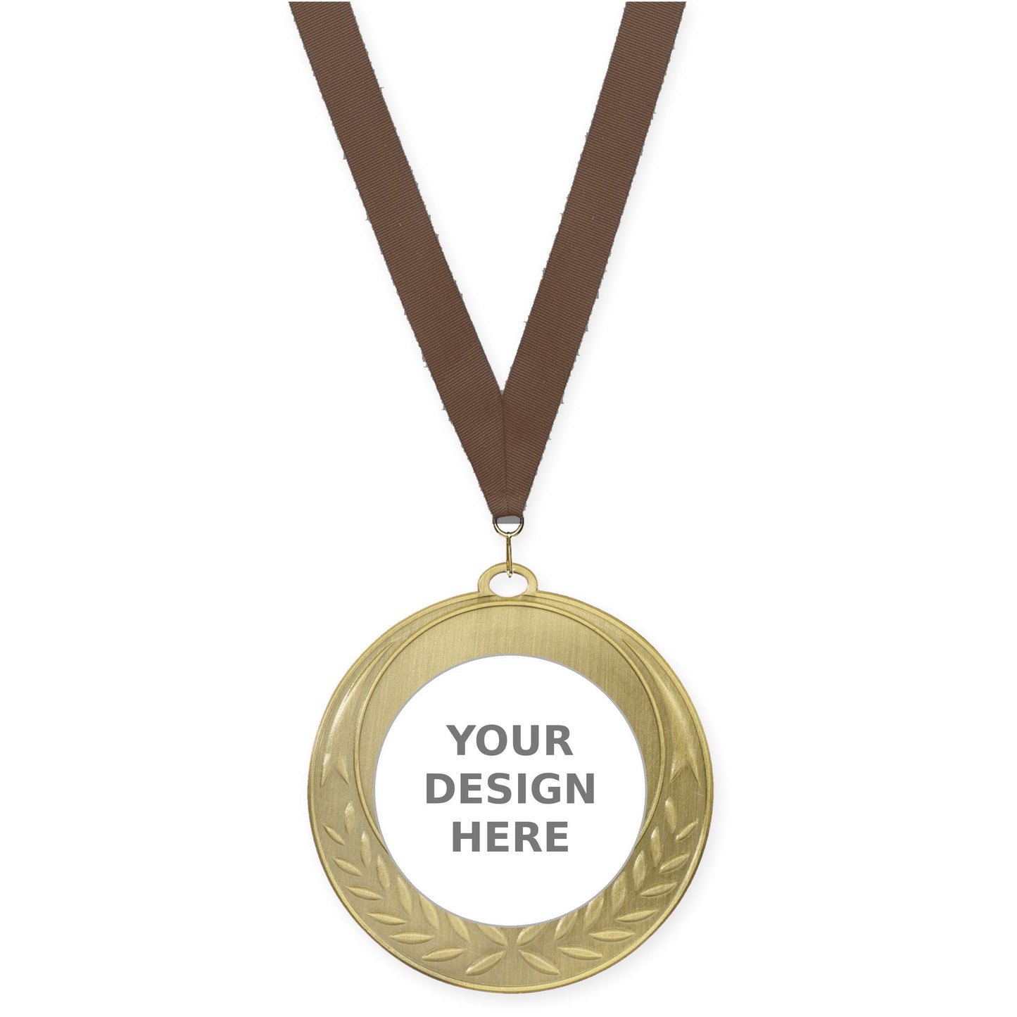 2 3/4 inch Half Laurel insert medal in antique gold with Brown neck ribbon