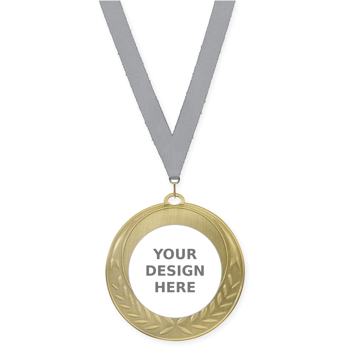 2 3/4 inch Half Laurel insert medal in antique gold with Gray neck ribbon
