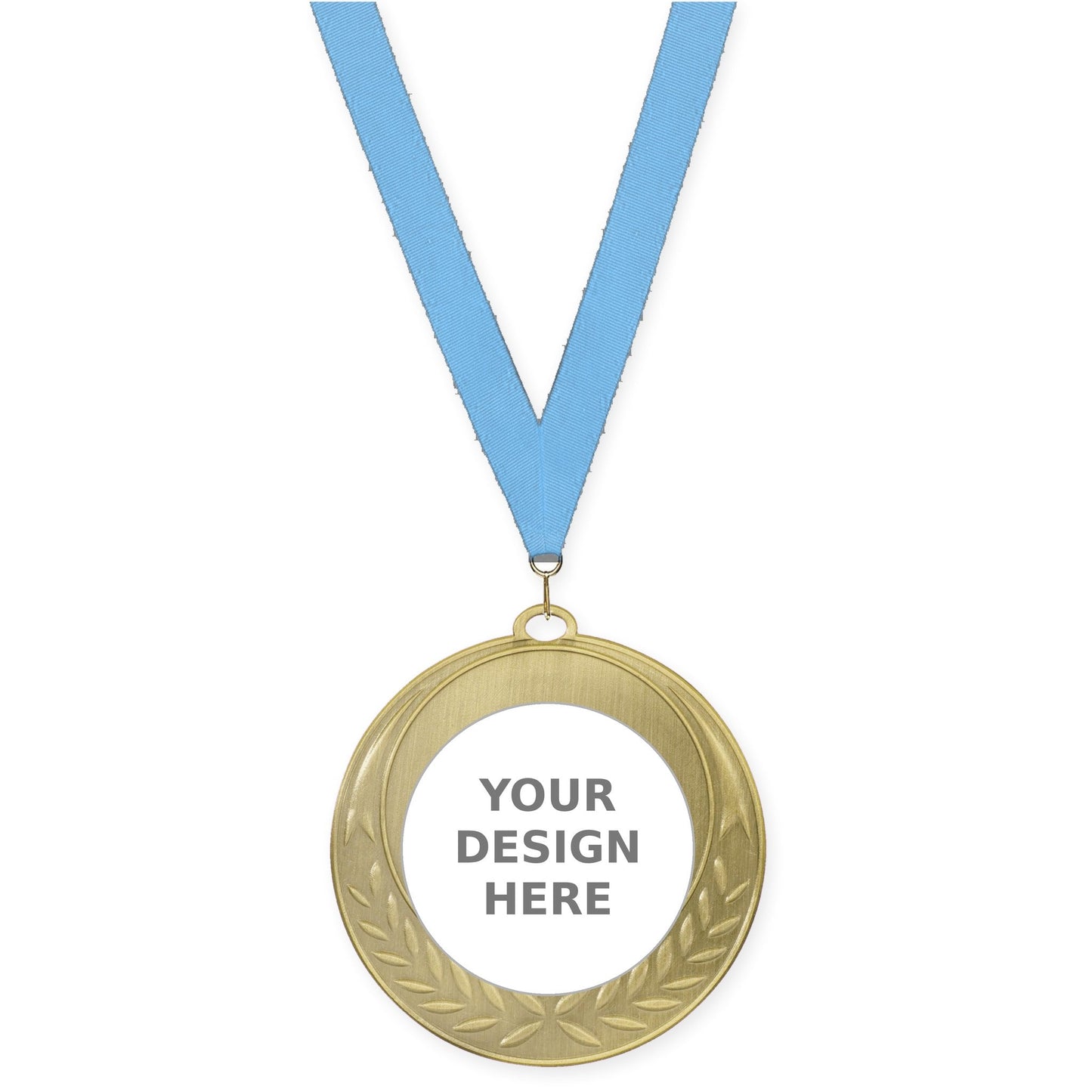 2 3/4 inch Half Laurel insert medal in antique gold with Light Blue neck ribbon
