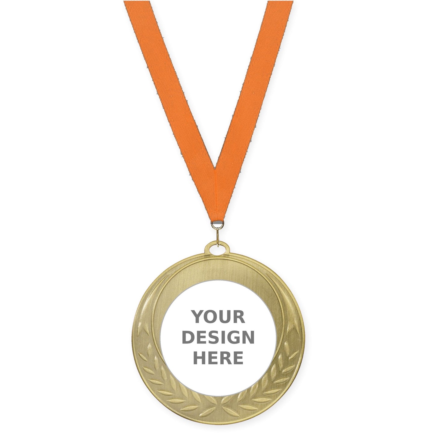2 3/4 inch Half Laurel insert medal in antique gold with Orange neck ribbon