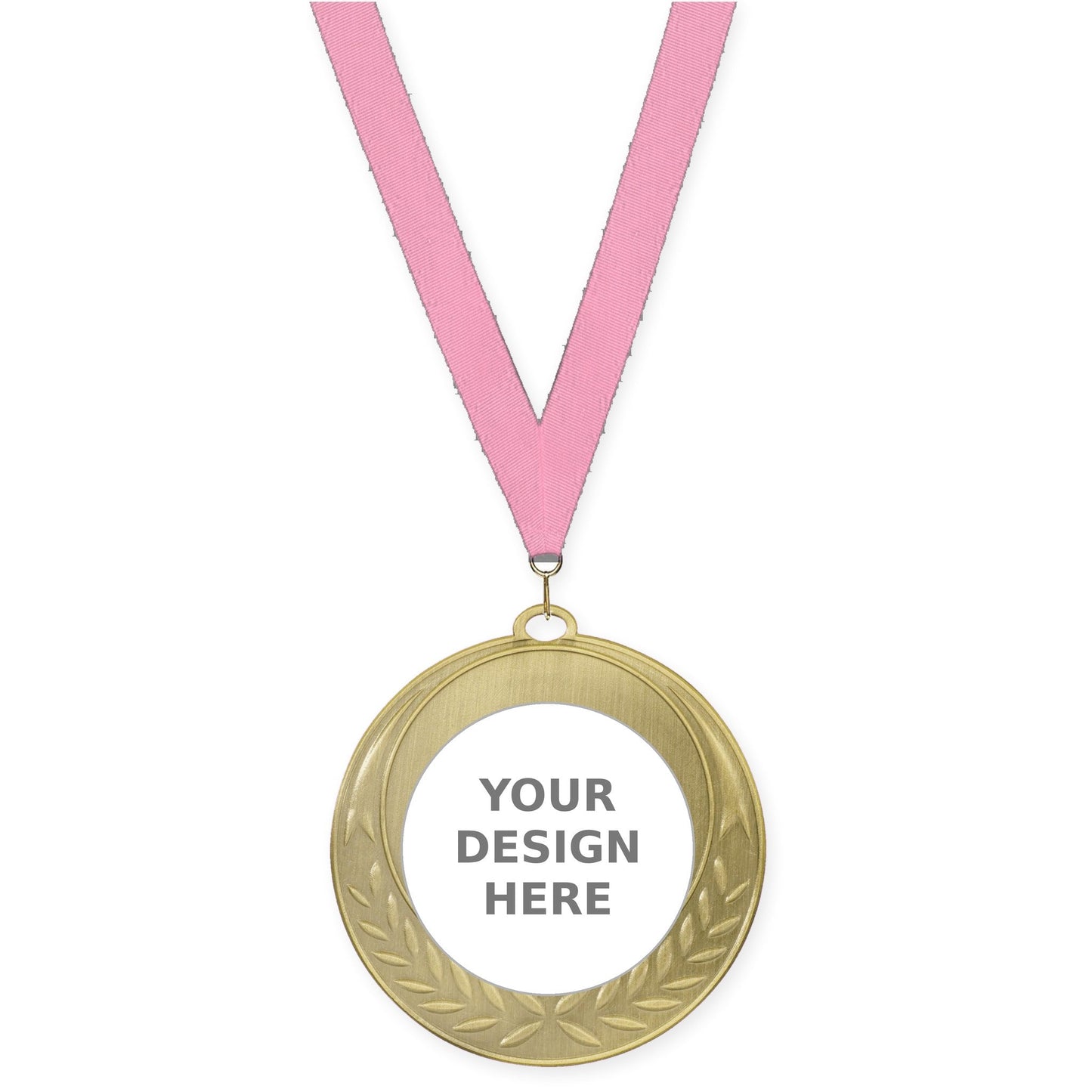 2 3/4 inch Half Laurel insert medal in antique gold with Pink neck ribbon