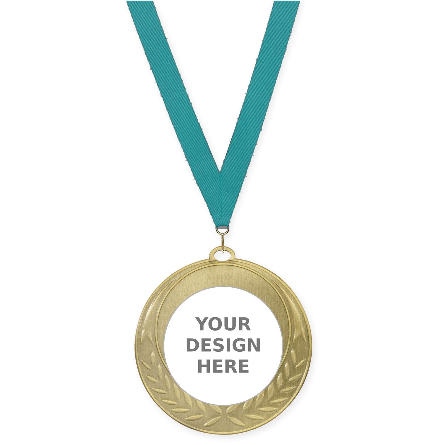 2 3/4 inch Half Laurel insert medal in antique gold with Teal neck ribbon