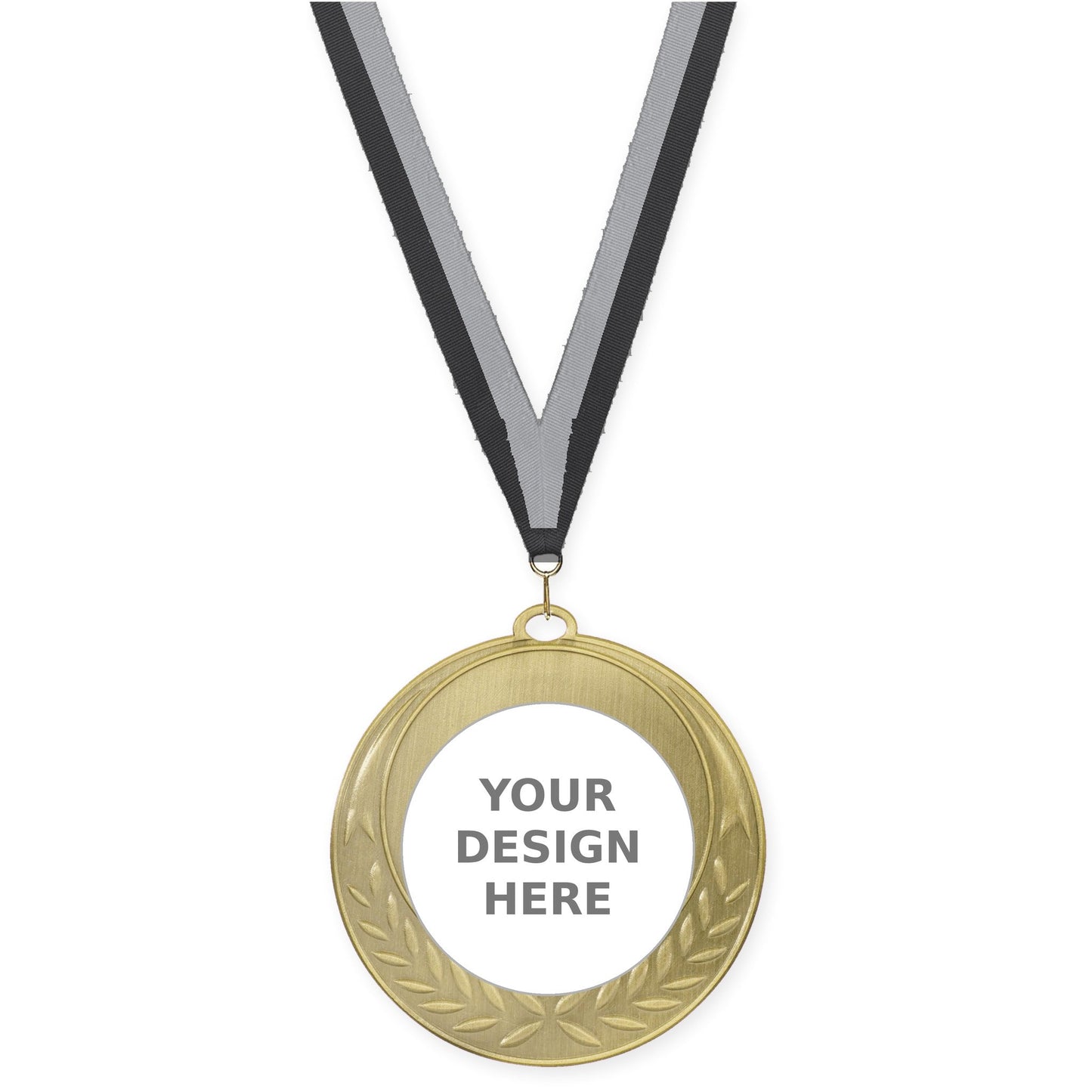 2 3/4 inch Half Laurel insert medal in antique gold with Black Gray neck ribbon