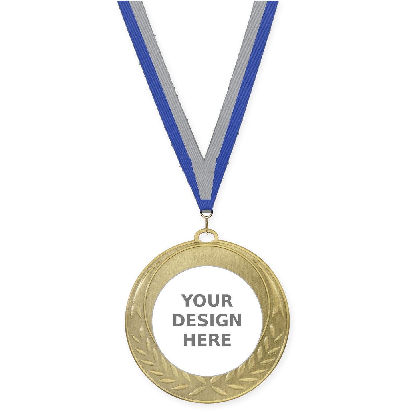 2 3/4 inch Half Laurel insert medal in antique gold with Blue Gray neck ribbon