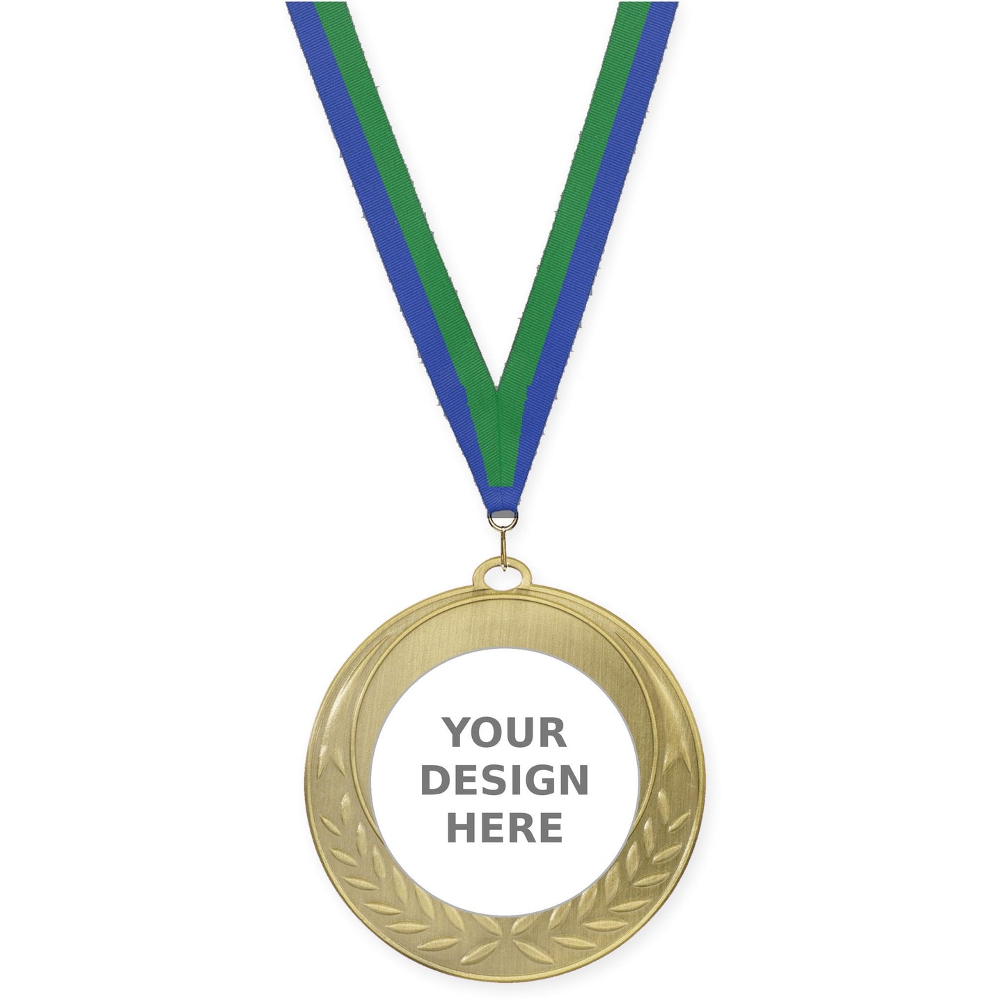 2 3/4 inch Half Laurel insert medal in antique gold with Blue Green neck ribbon