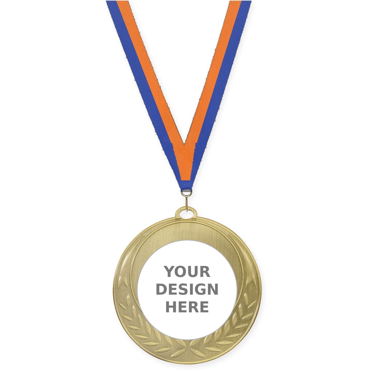 2 3/4 inch Half Laurel insert medal in antique gold with Blue Orange neck ribbon