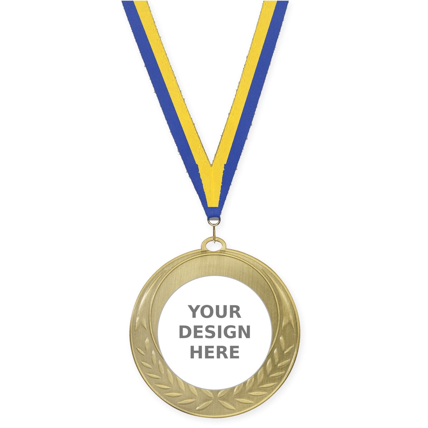 2 3/4 inch Half Laurel insert medal in antique gold with Blue Yellow neck ribbon