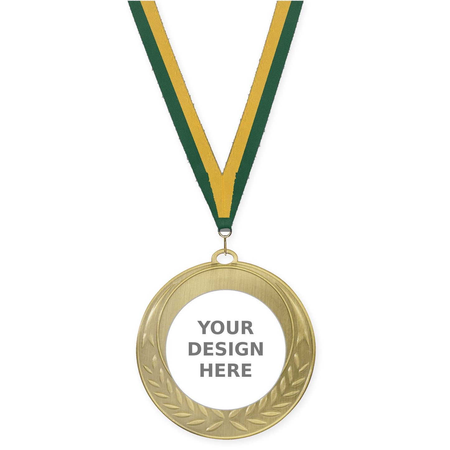 2 3/4 inch Half Laurel insert medal in antique gold with Hunter Green Gold neck ribbon