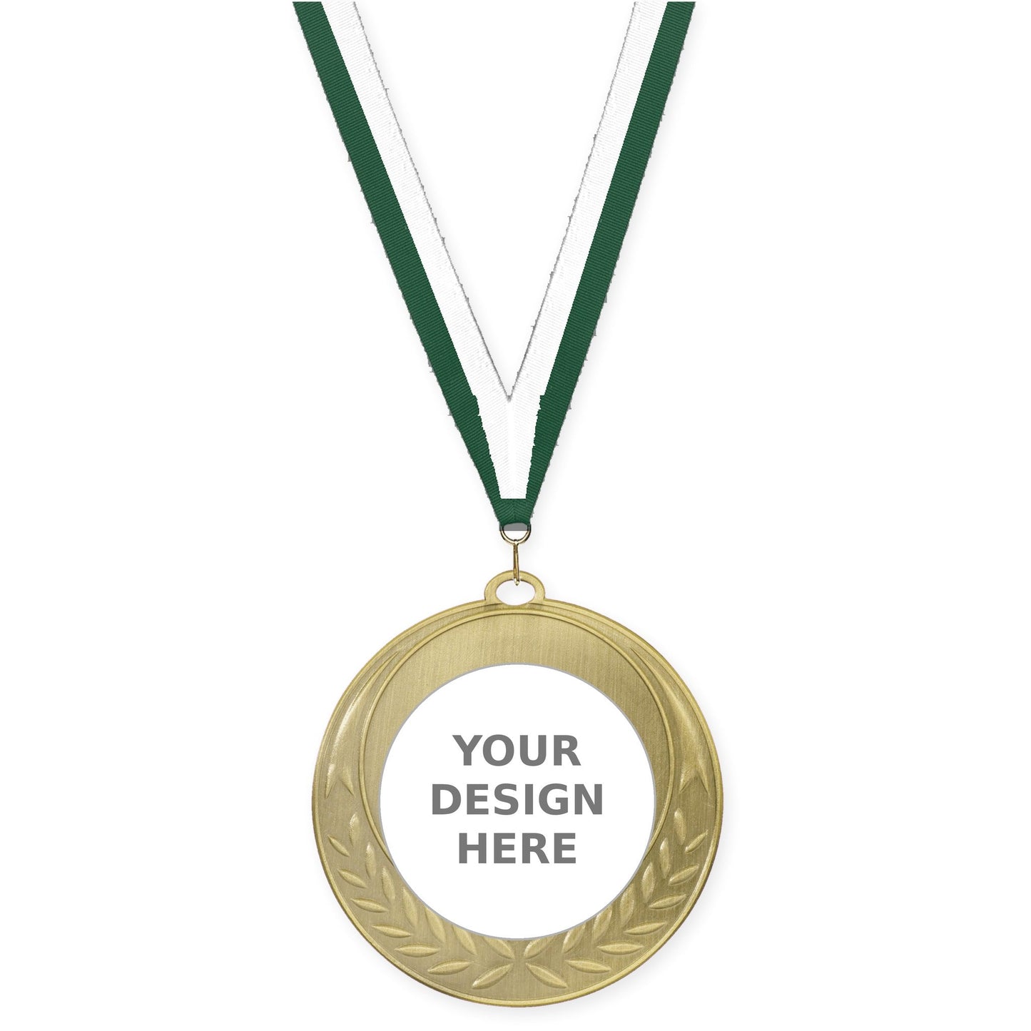 2 3/4 inch Half Laurel insert medal in antique gold with Hunter Green White neck ribbon
