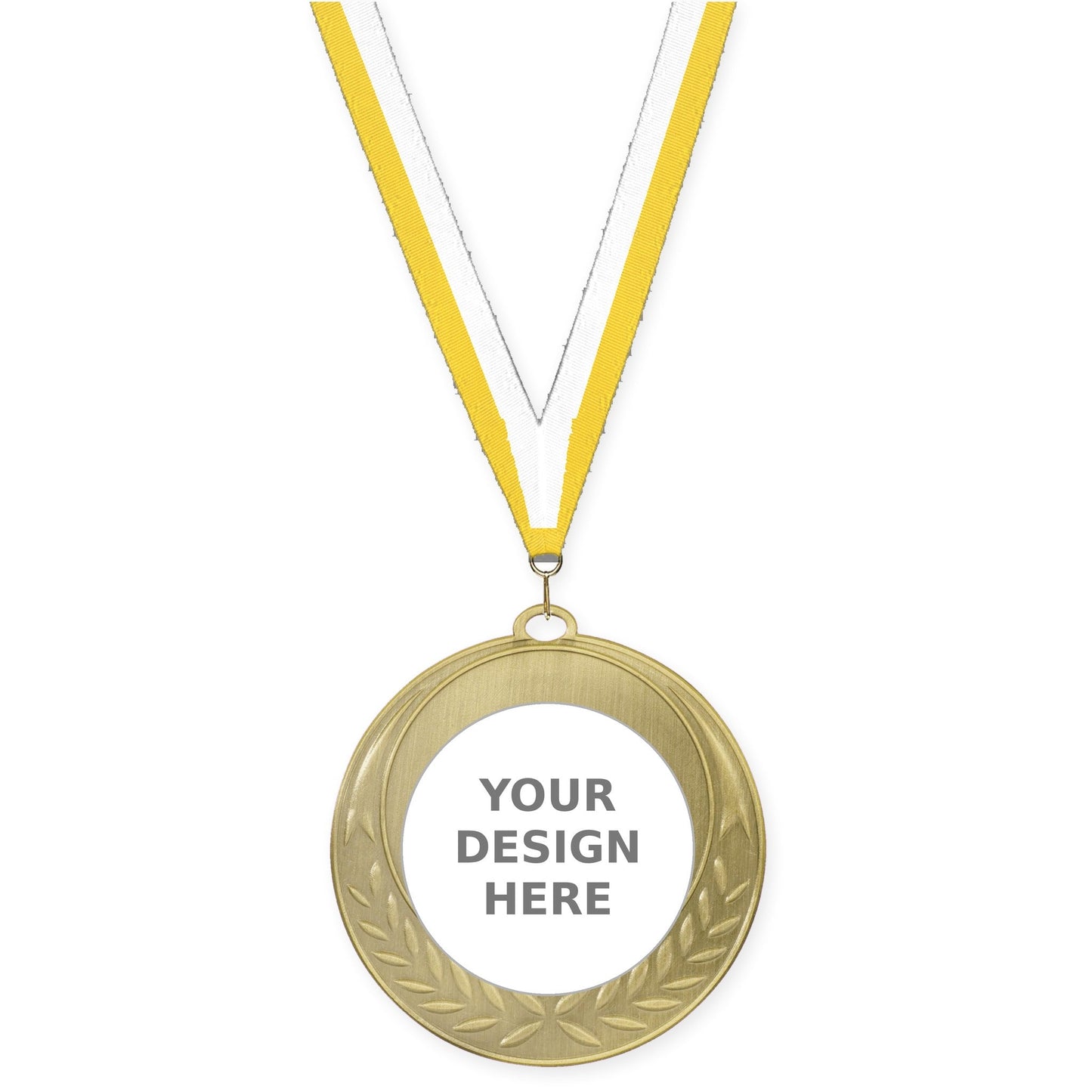 2 3/4 inch Half Laurel insert medal in antique gold with Yellow White neck ribbon