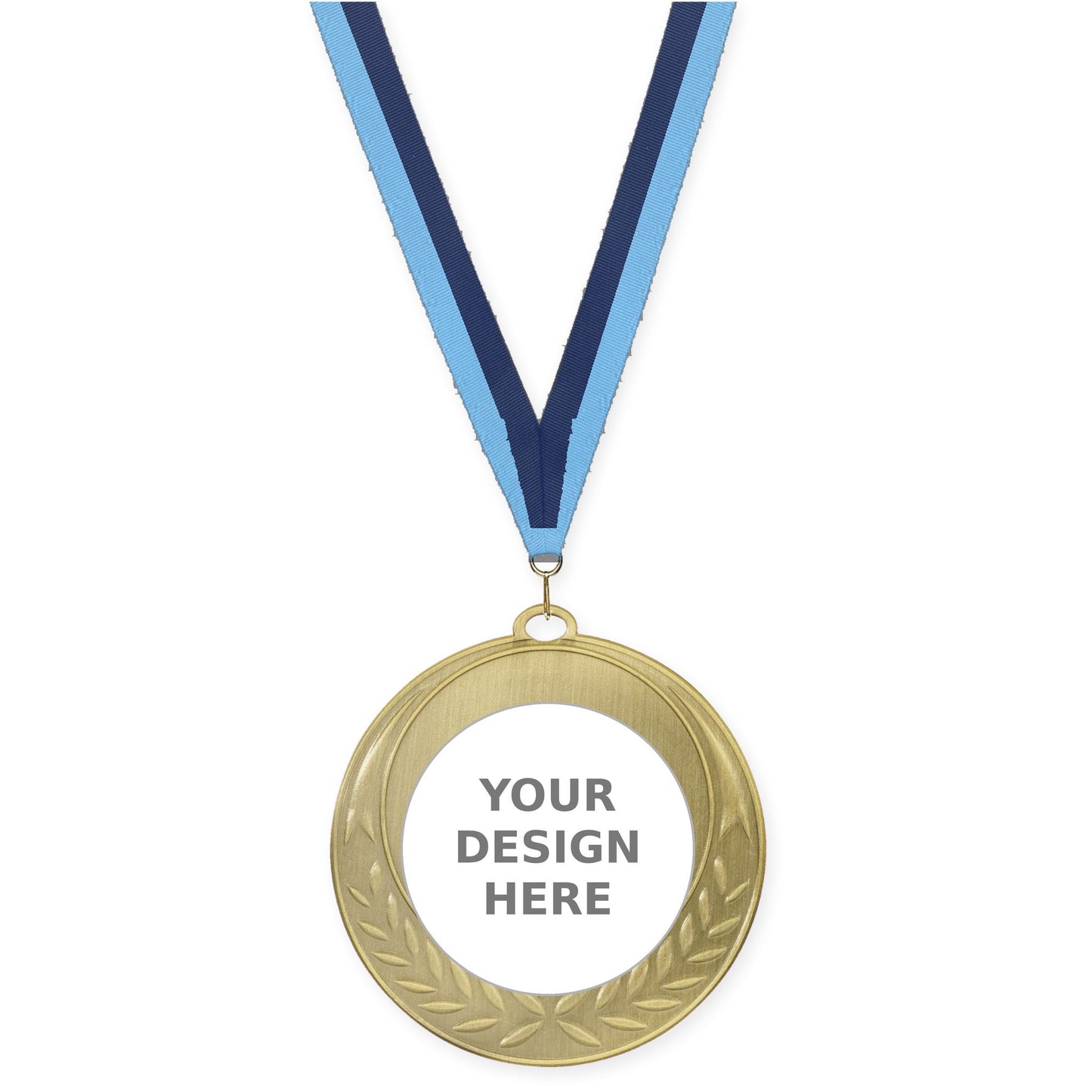 2 3/4 inch Half Laurel insert medal in antique gold with Light Blue Navy neck ribbon