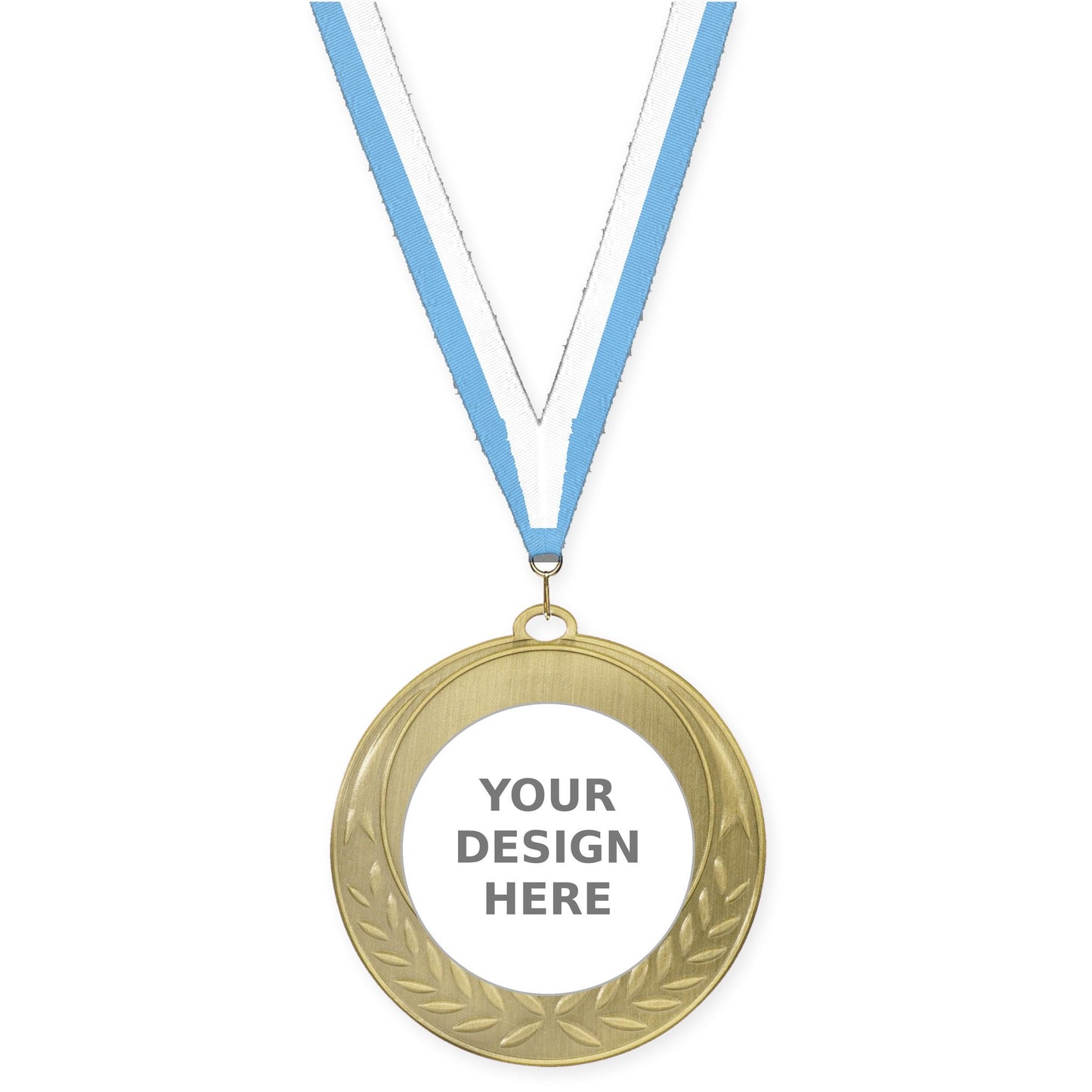 2 3/4 inch Half Laurel insert medal in antique gold with Light Blue White neck ribbon