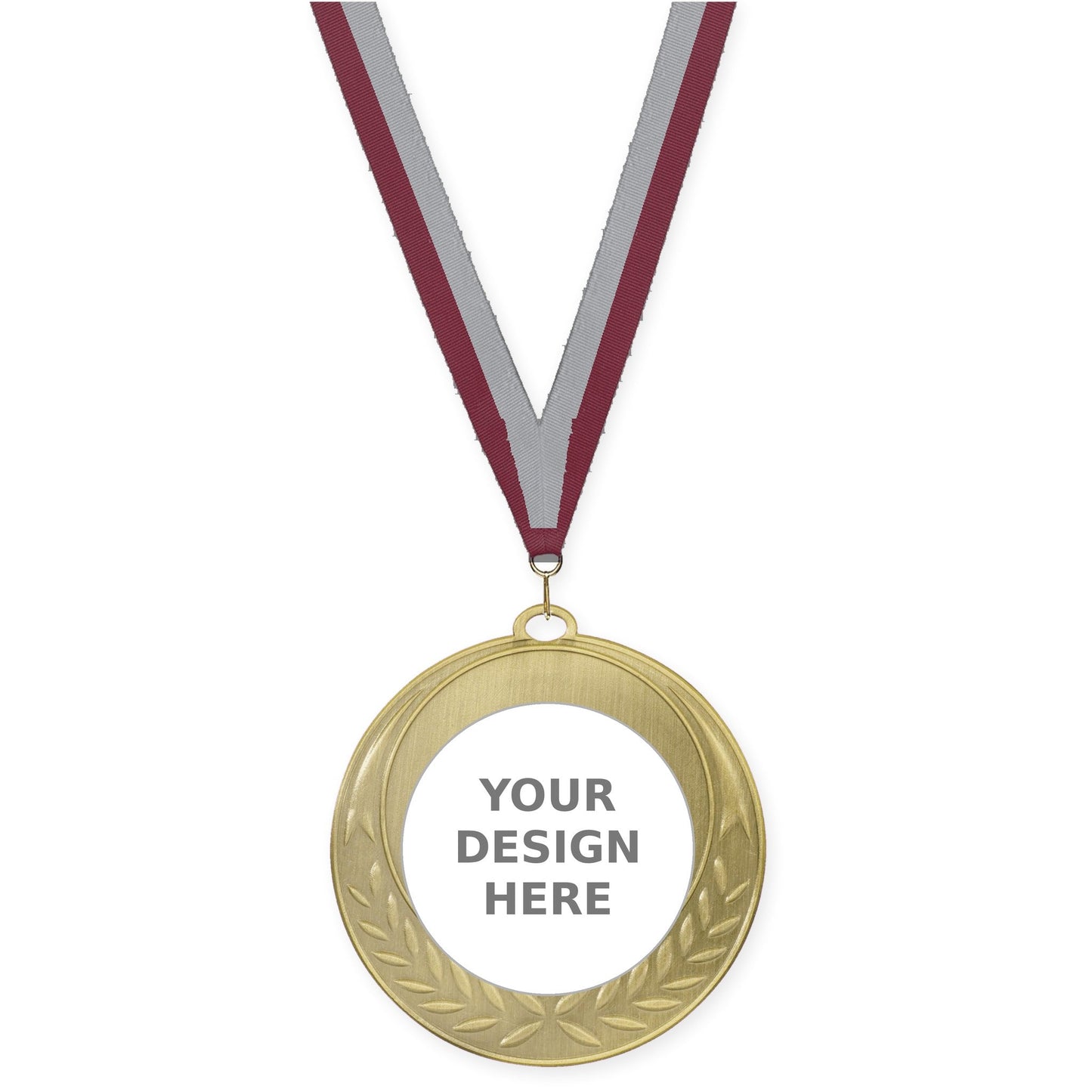 2 3/4 inch Half Laurel insert medal in antique gold with Maroon Gray neck ribbon