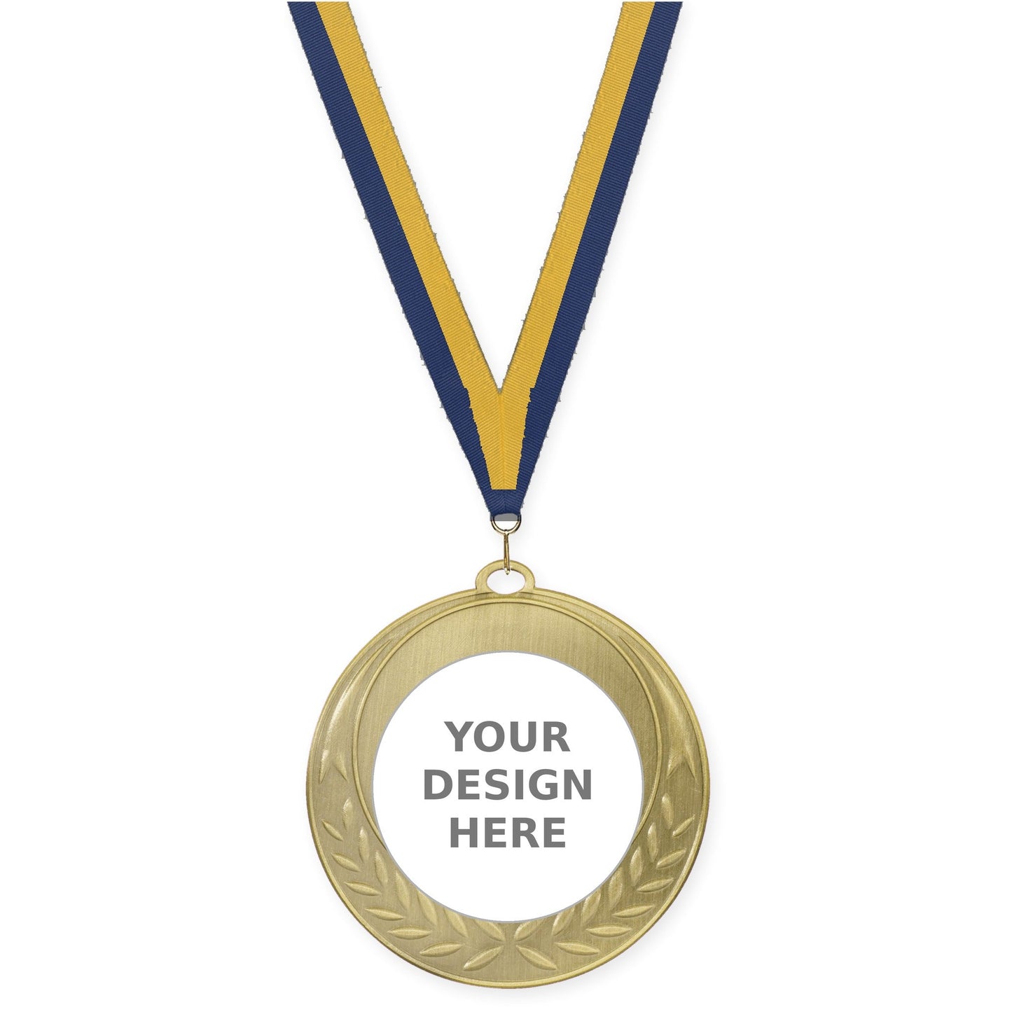 2 3/4 inch Half Laurel insert medal in antique gold with Navy Gold neck ribbon