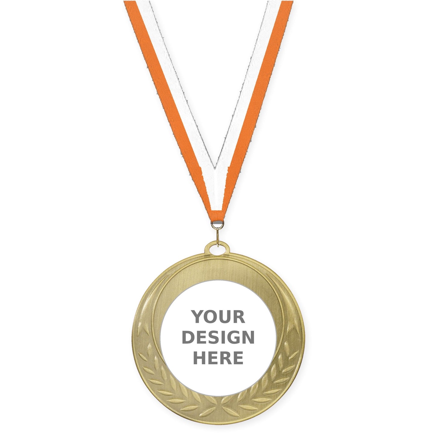 2 3/4 inch Half Laurel insert medal in antique gold with Orange White neck ribbon