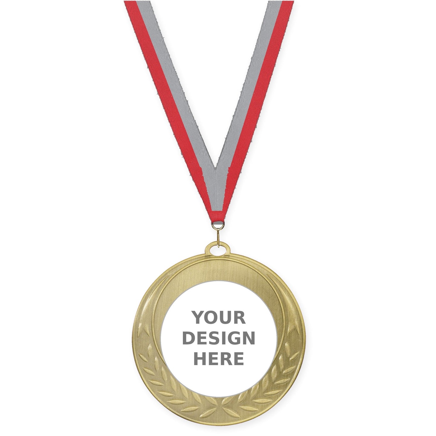 2 3/4 inch Half Laurel insert medal in antique gold with Red Gray neck ribbon