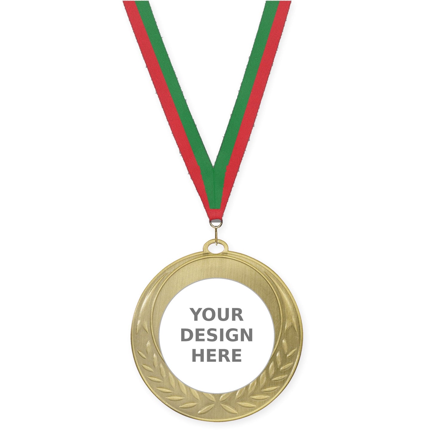 2 3/4 inch Half Laurel insert medal in antique gold with Red Green neck ribbon