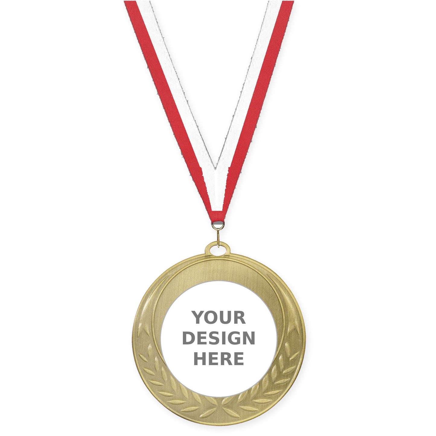 2 3/4 inch Half Laurel insert medal in antique gold with Red White neck ribbon