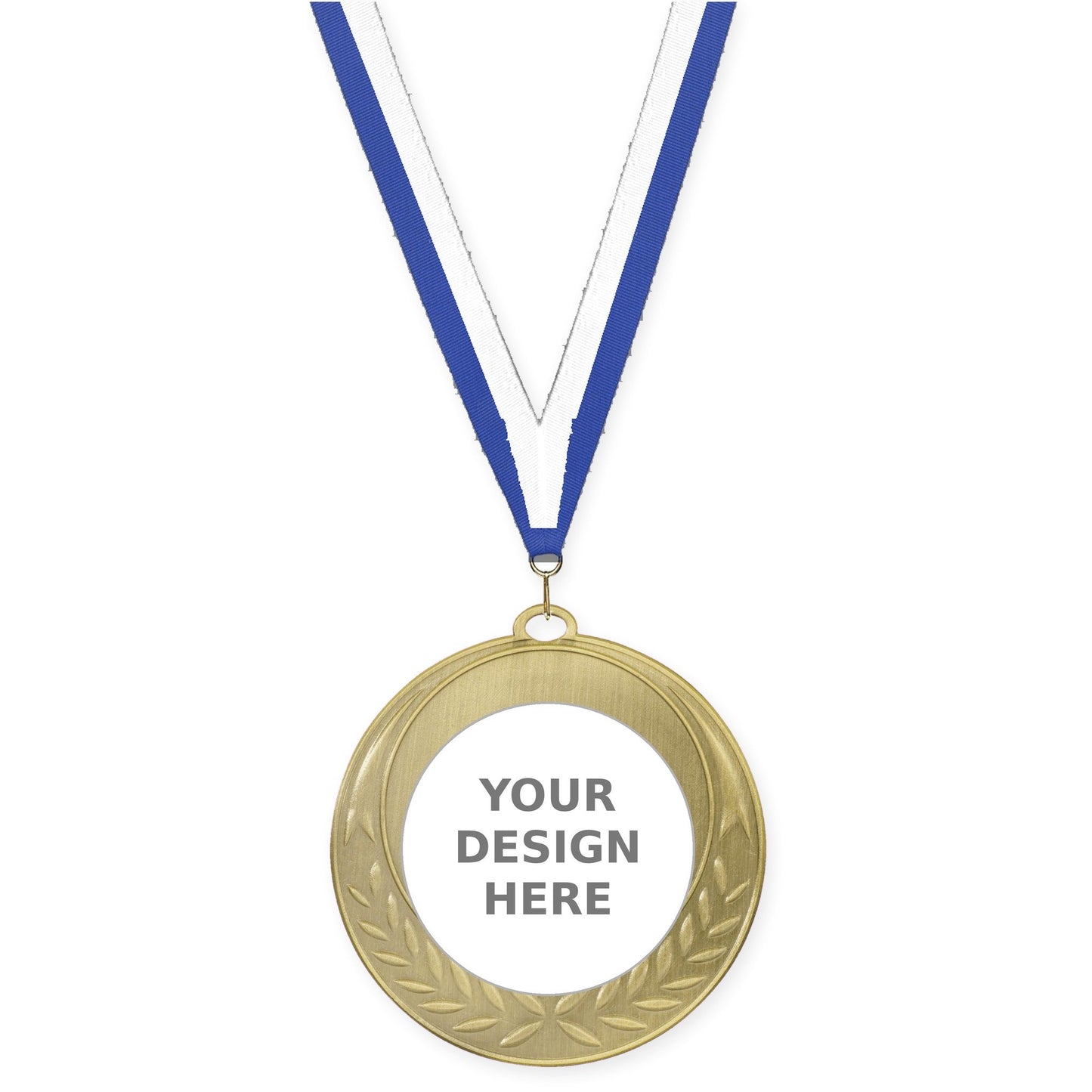 2 3/4 inch Half Laurel insert medal in antique gold with Blue White neck ribbon
