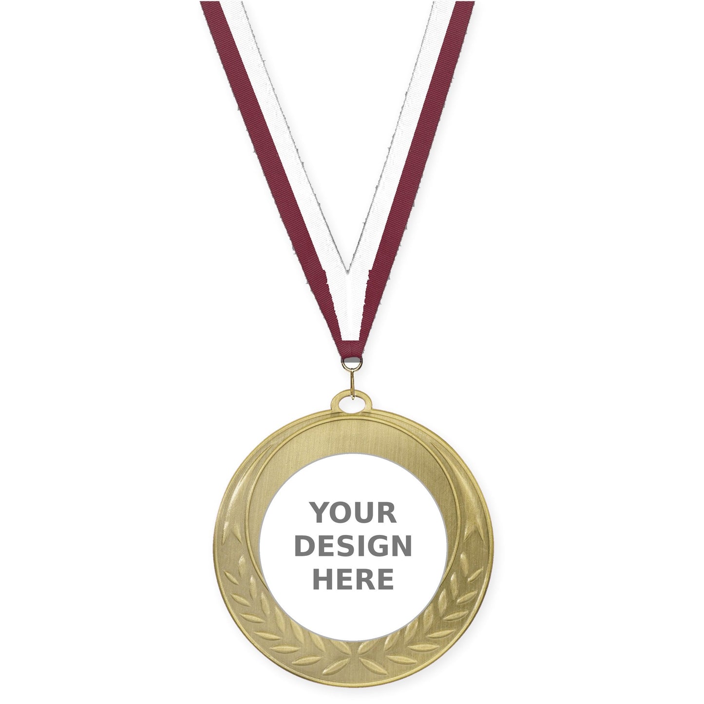 2 3/4 inch Half Laurel insert medal in antique gold with Maroon White neck ribbon