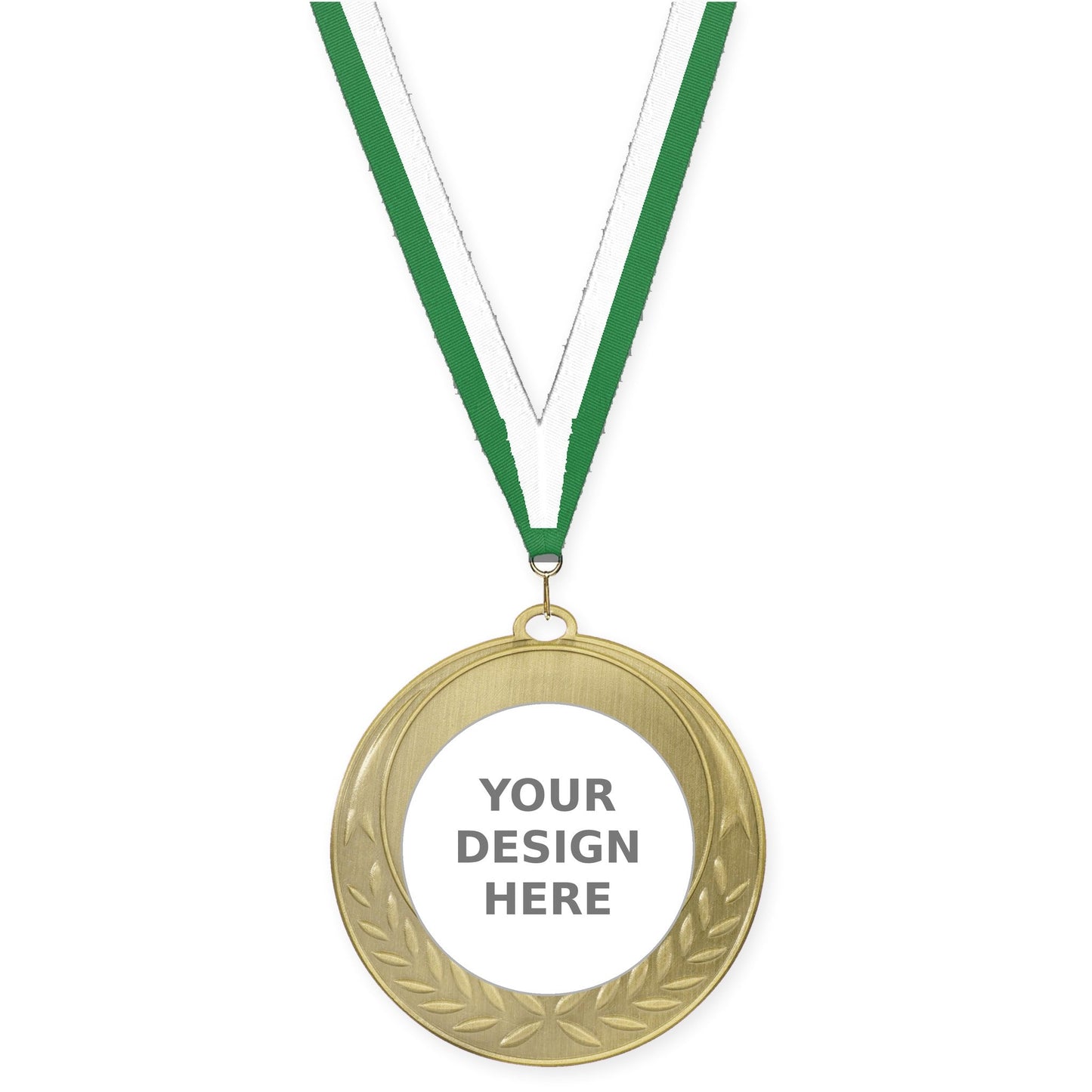 2 3/4 inch Half Laurel insert medal in antique gold with Green White neck ribbon