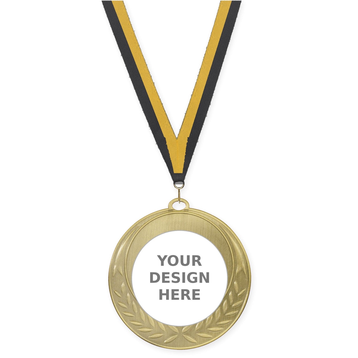 2 3/4 inch Half Laurel insert medal in antique gold with Black Gold neck ribbon