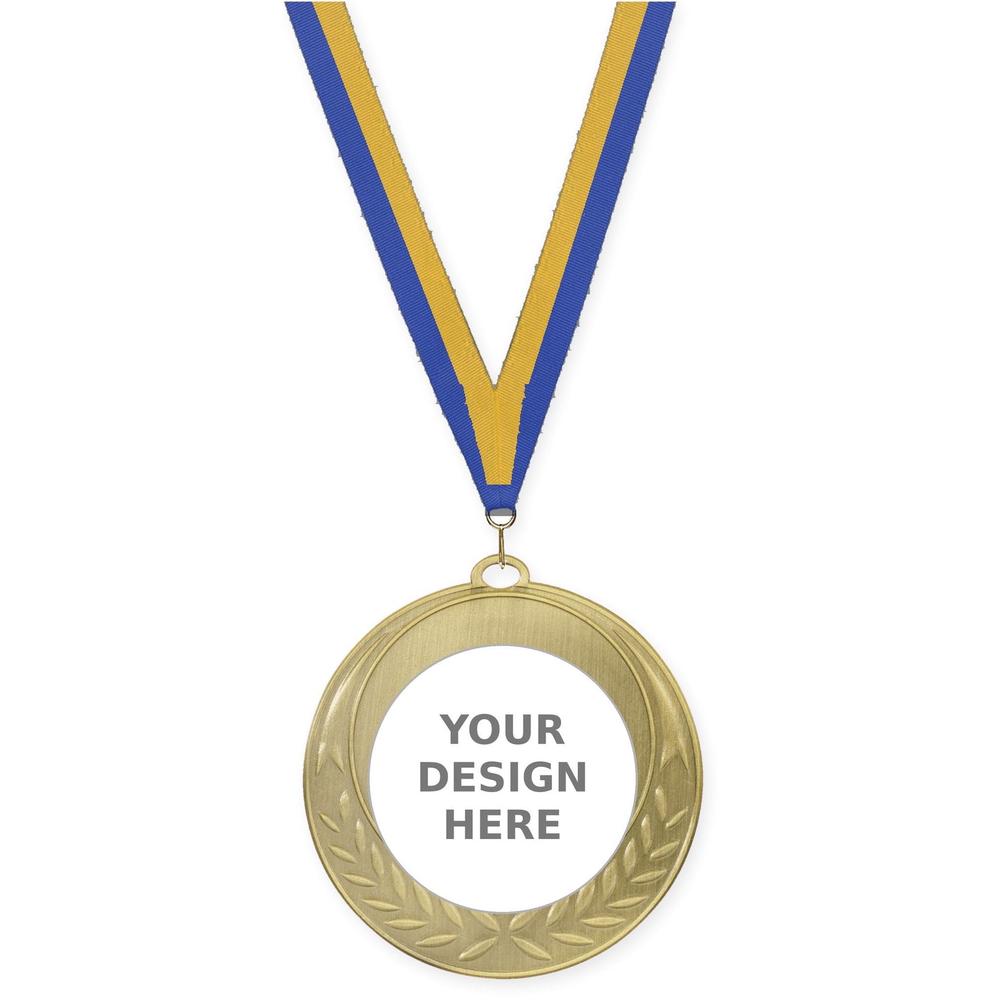 2 3/4 inch Half Laurel insert medal in antique gold with Blue Gold neck ribbon
