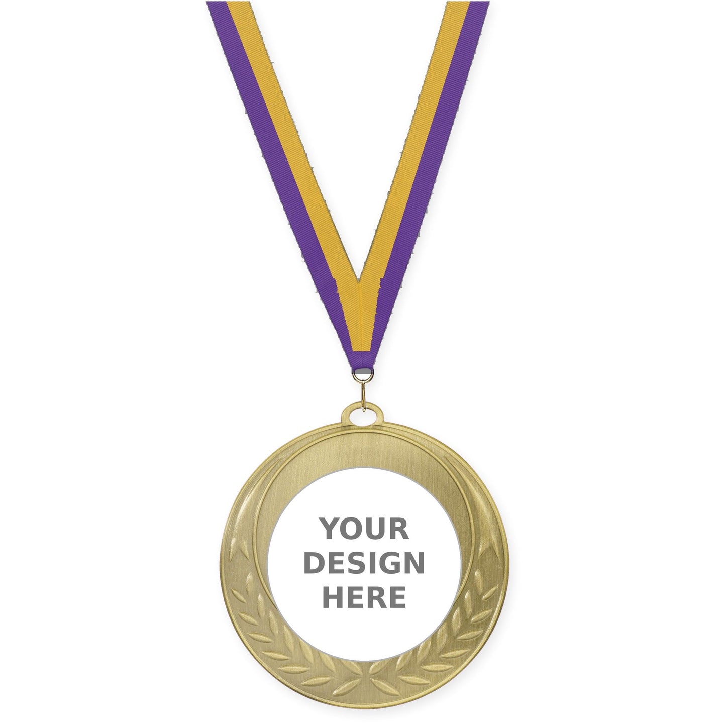 2 3/4 inch Half Laurel insert medal in antique gold with Purple Gold neck ribbon