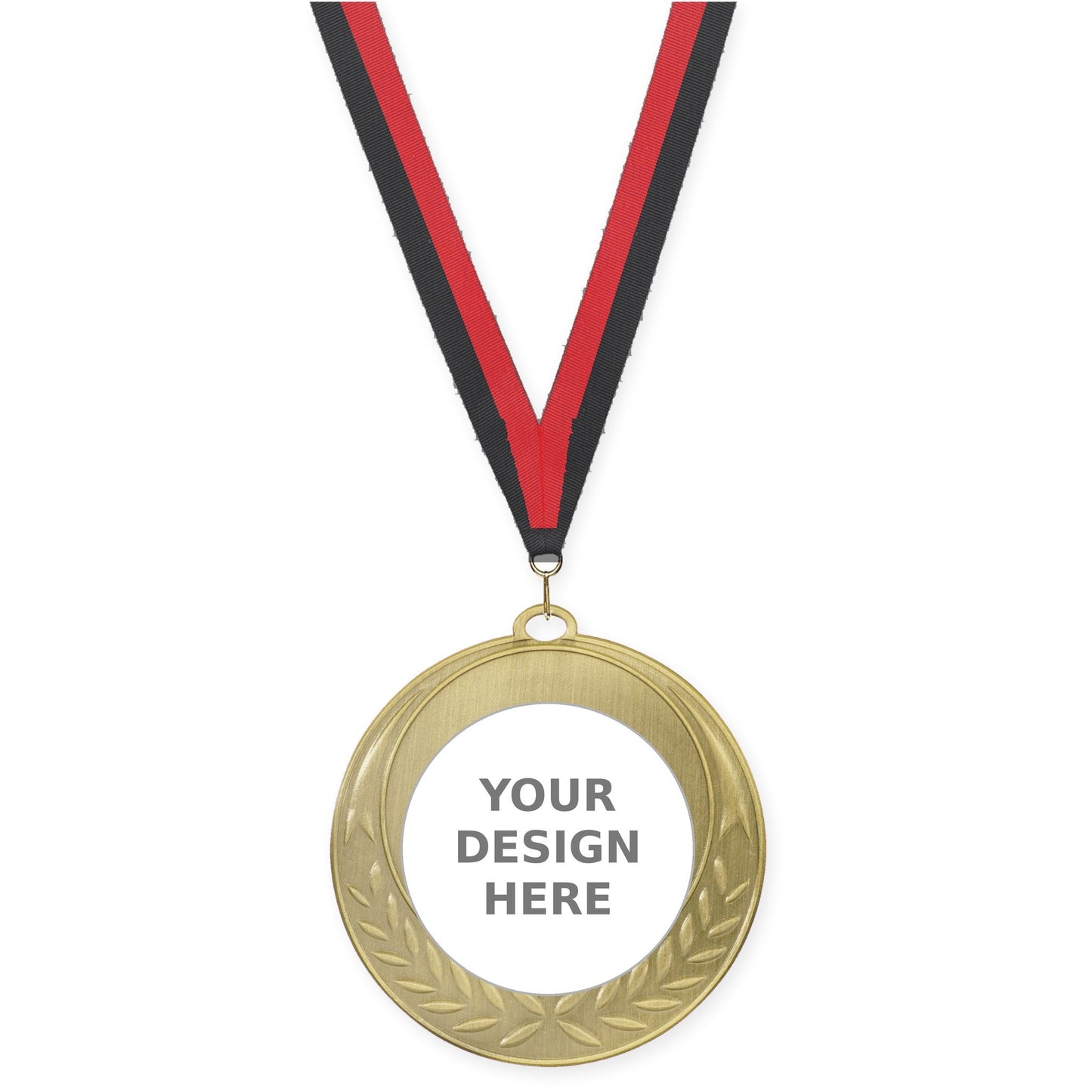 2 3/4 inch Half Laurel insert medal in antique gold with Black Red neck ribbon