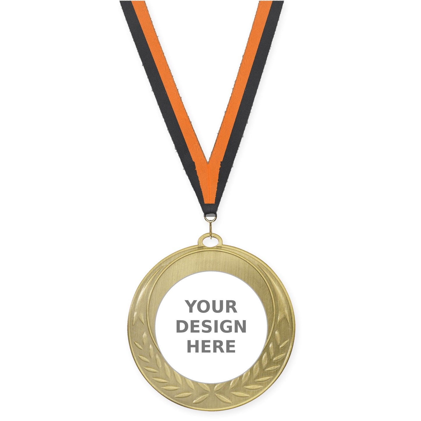 2 3/4 inch Half Laurel insert medal in antique gold with Black Orange neck ribbon