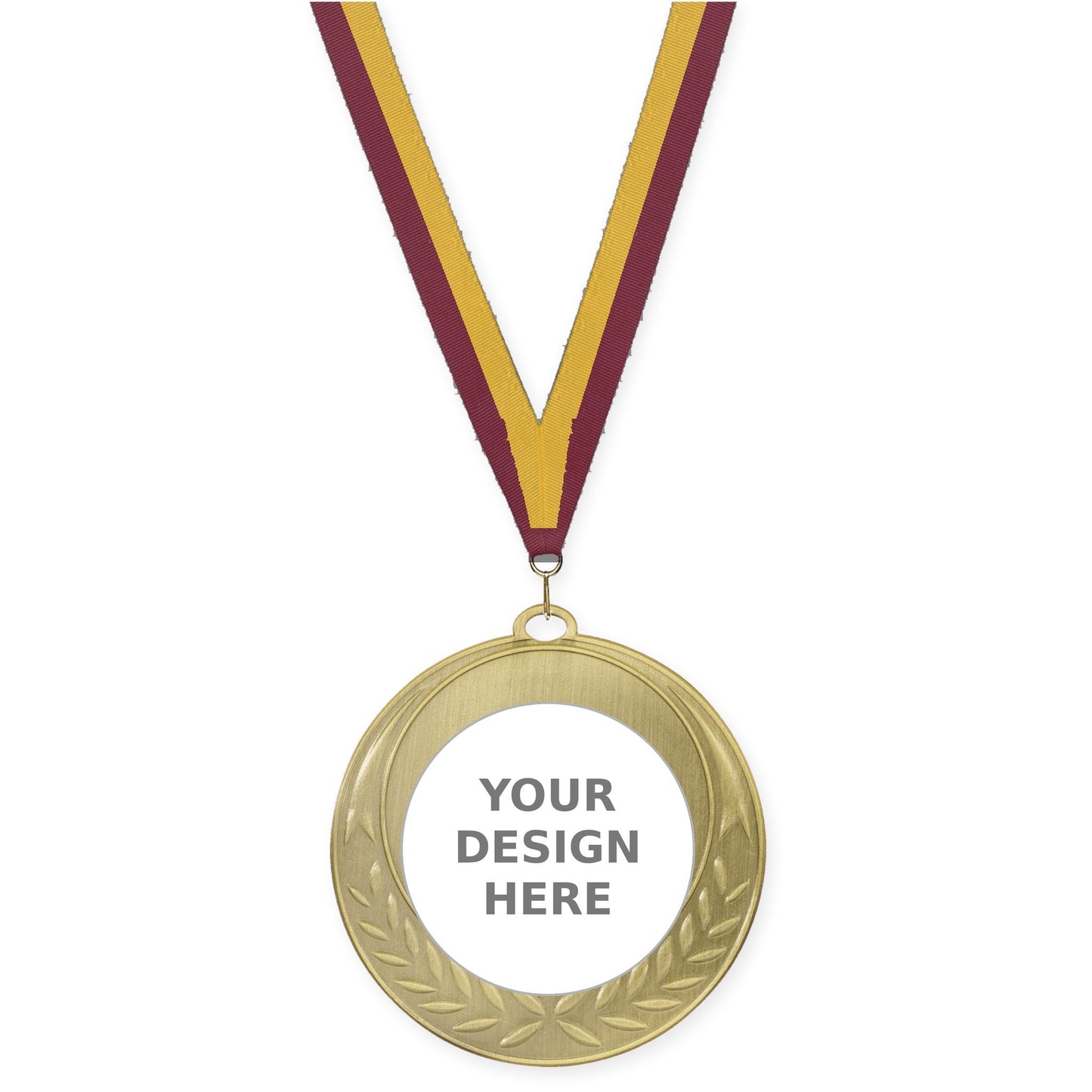 2 3/4 inch Half Laurel insert medal in antique gold with Maroon Gold neck ribbon