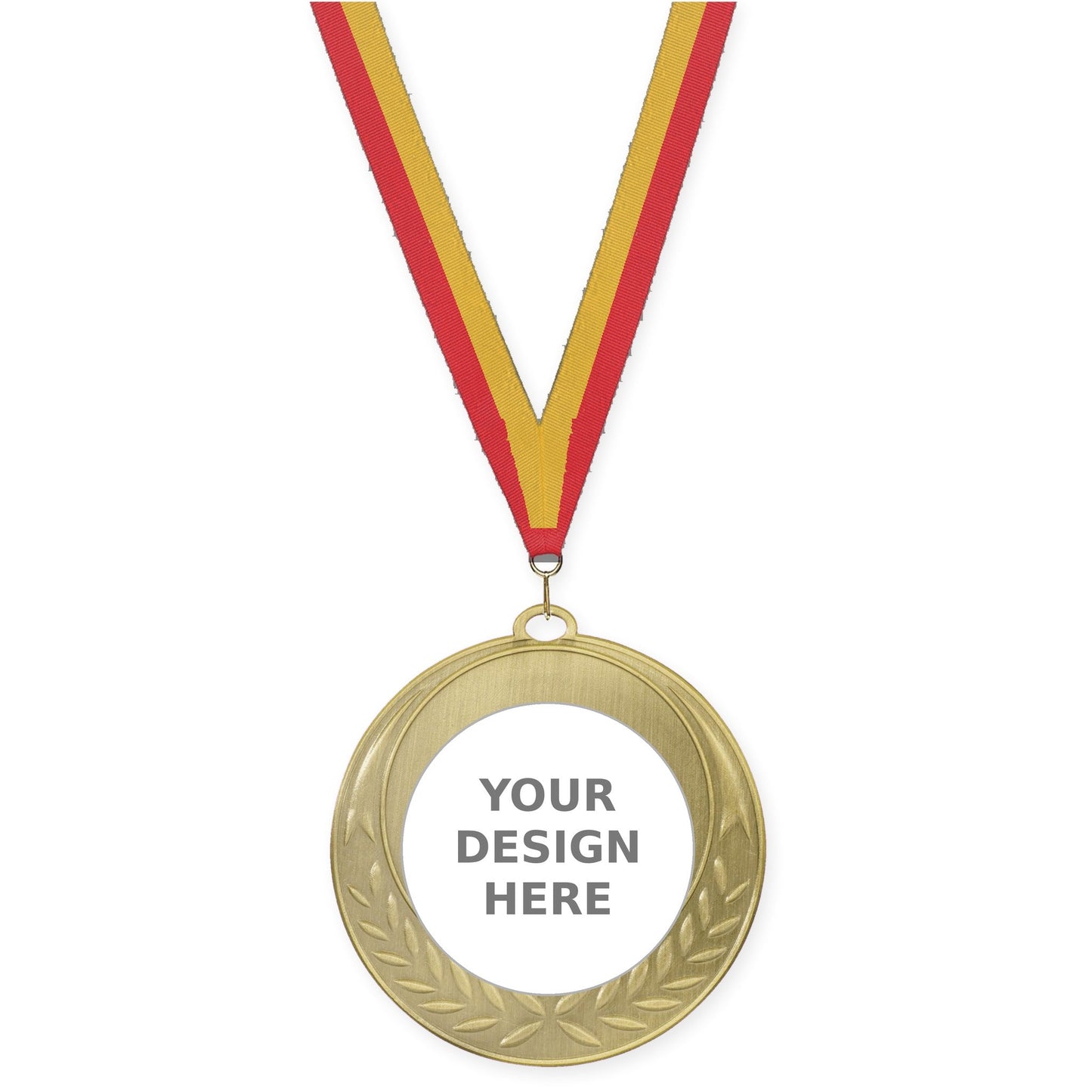 2 3/4 inch Half Laurel insert medal in antique gold with Red Gold neck ribbon